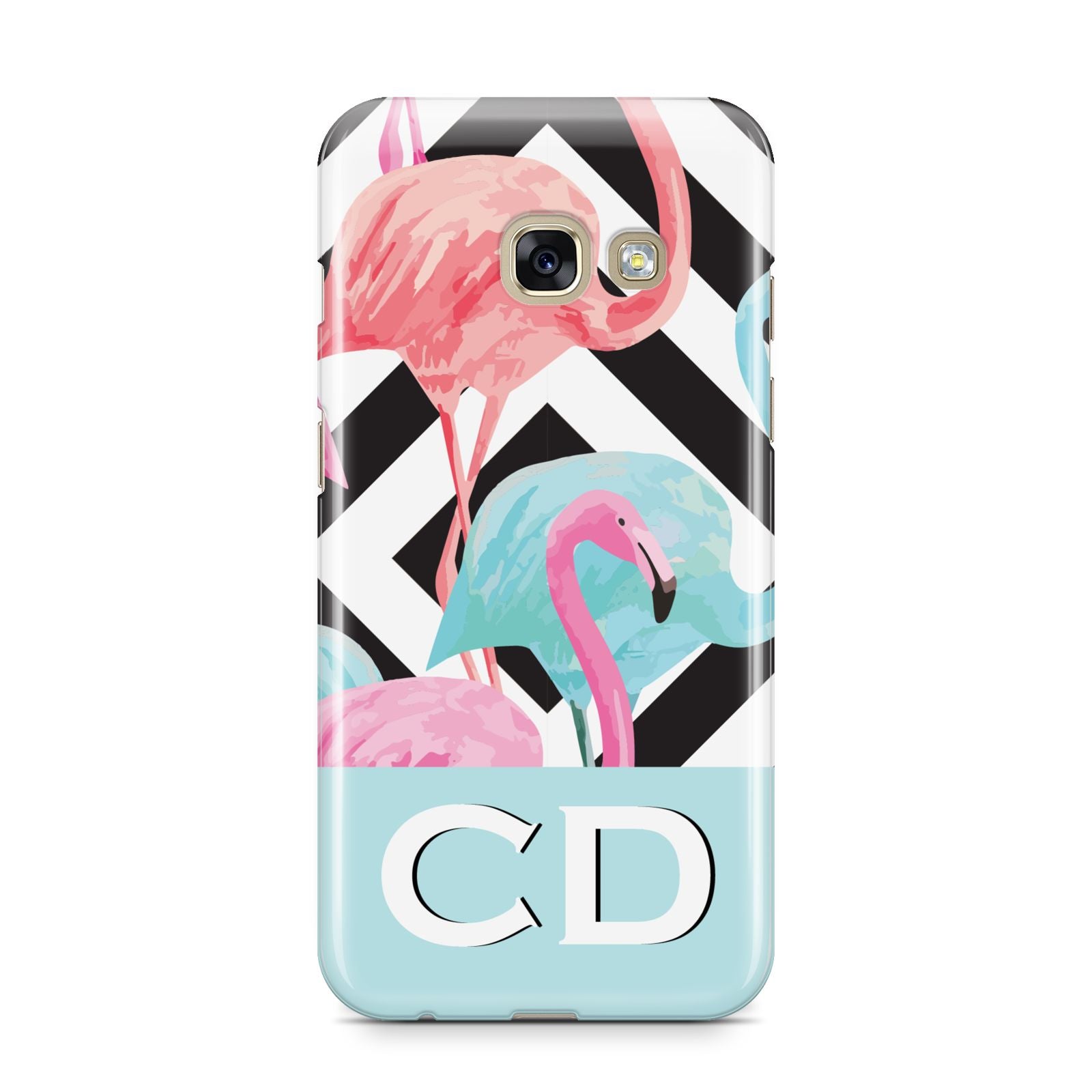 Blue Pink Flamingos Samsung Galaxy A3 2017 Case on gold phone