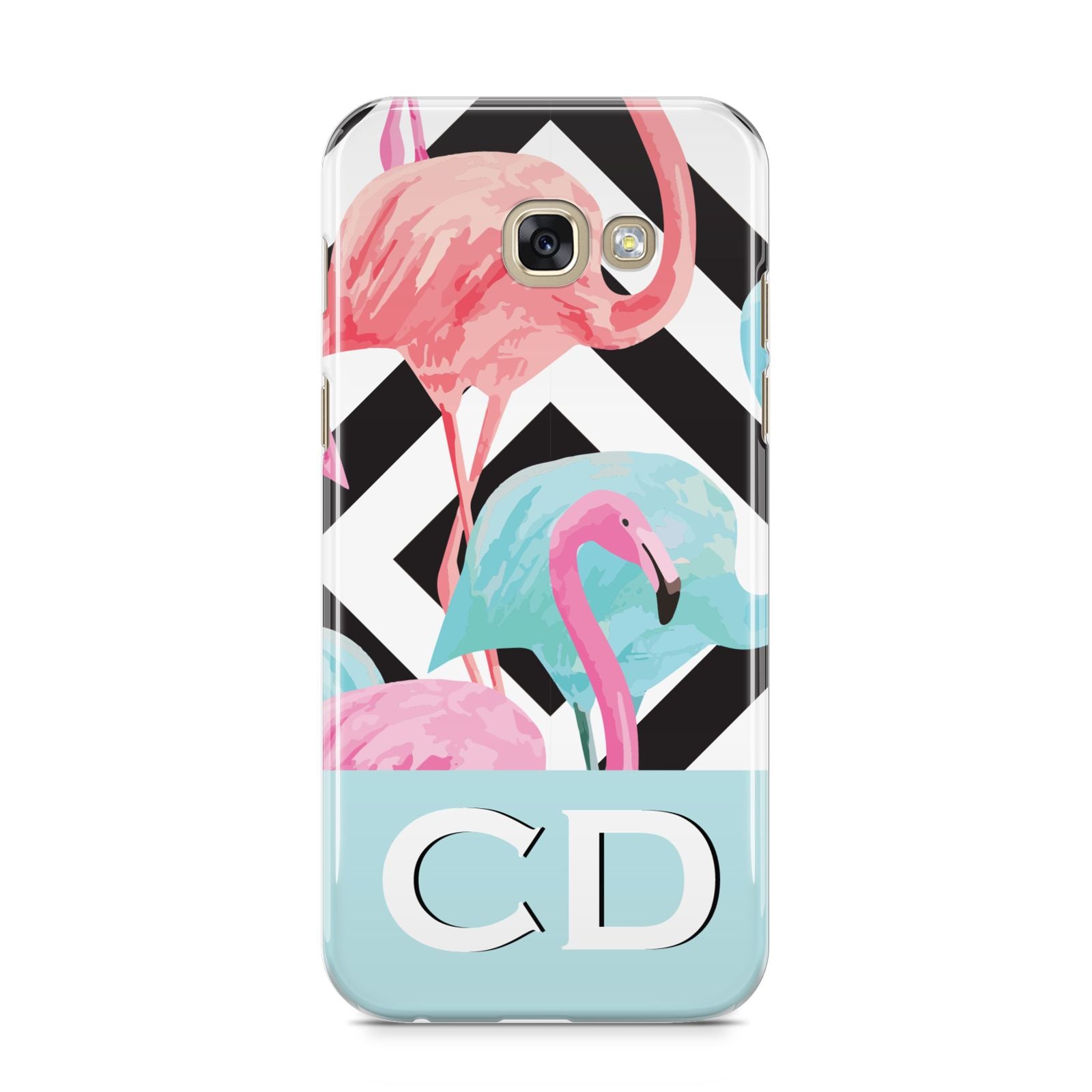 Blue Pink Flamingos Samsung Galaxy A5 2017 Case on gold phone