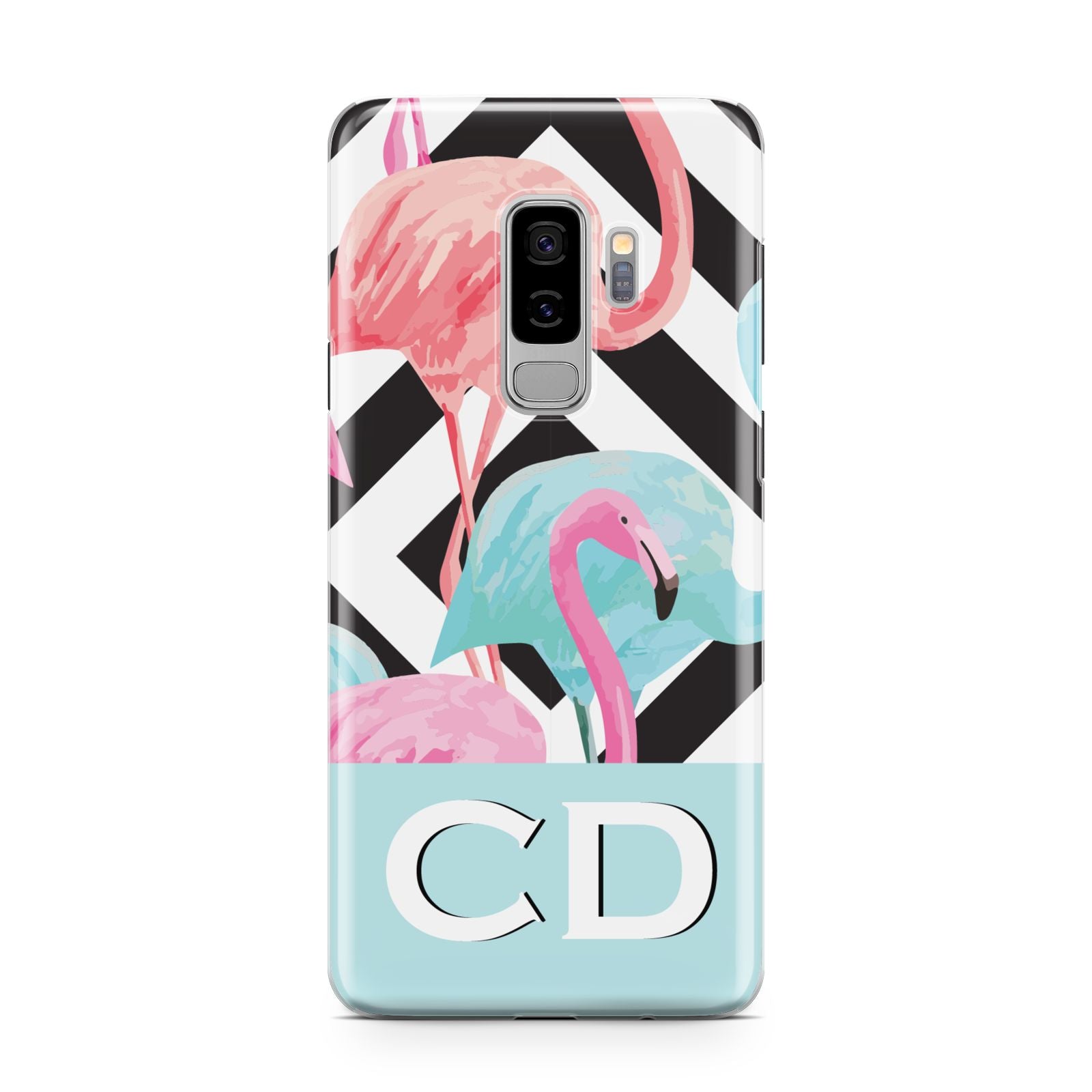 Blue Pink Flamingos Samsung Galaxy S9 Plus Case on Silver phone