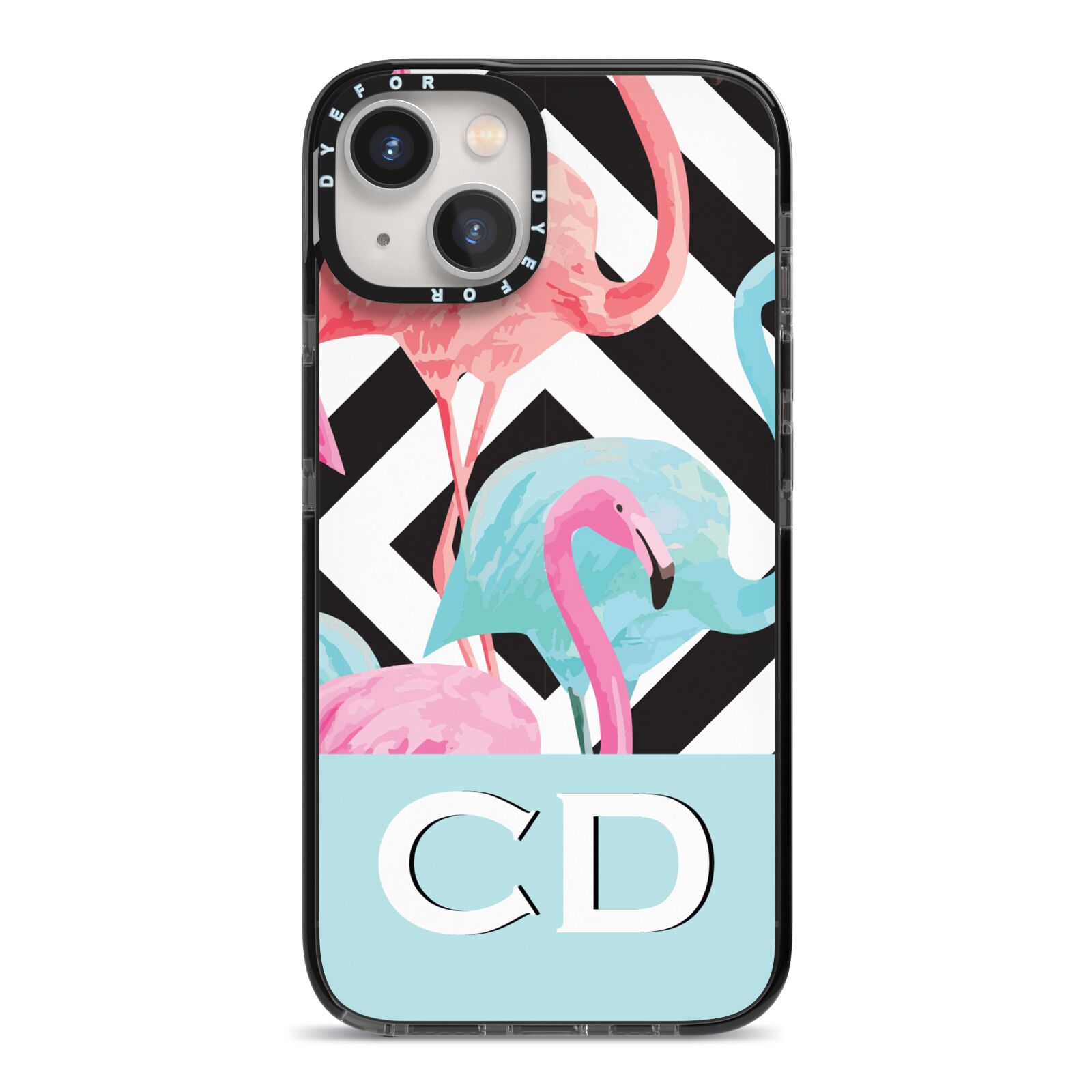 Blue Pink Flamingos iPhone 13 Black Impact Case on Silver phone