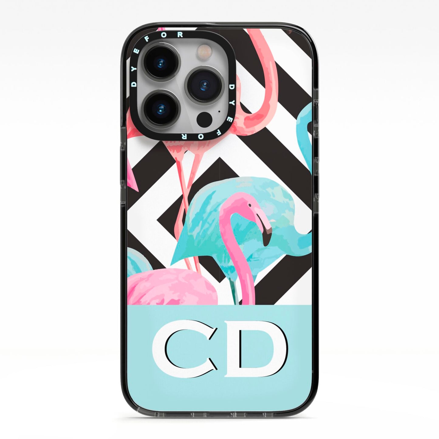 Blue Pink Flamingos iPhone 13 Pro Black Impact Case on Silver phone