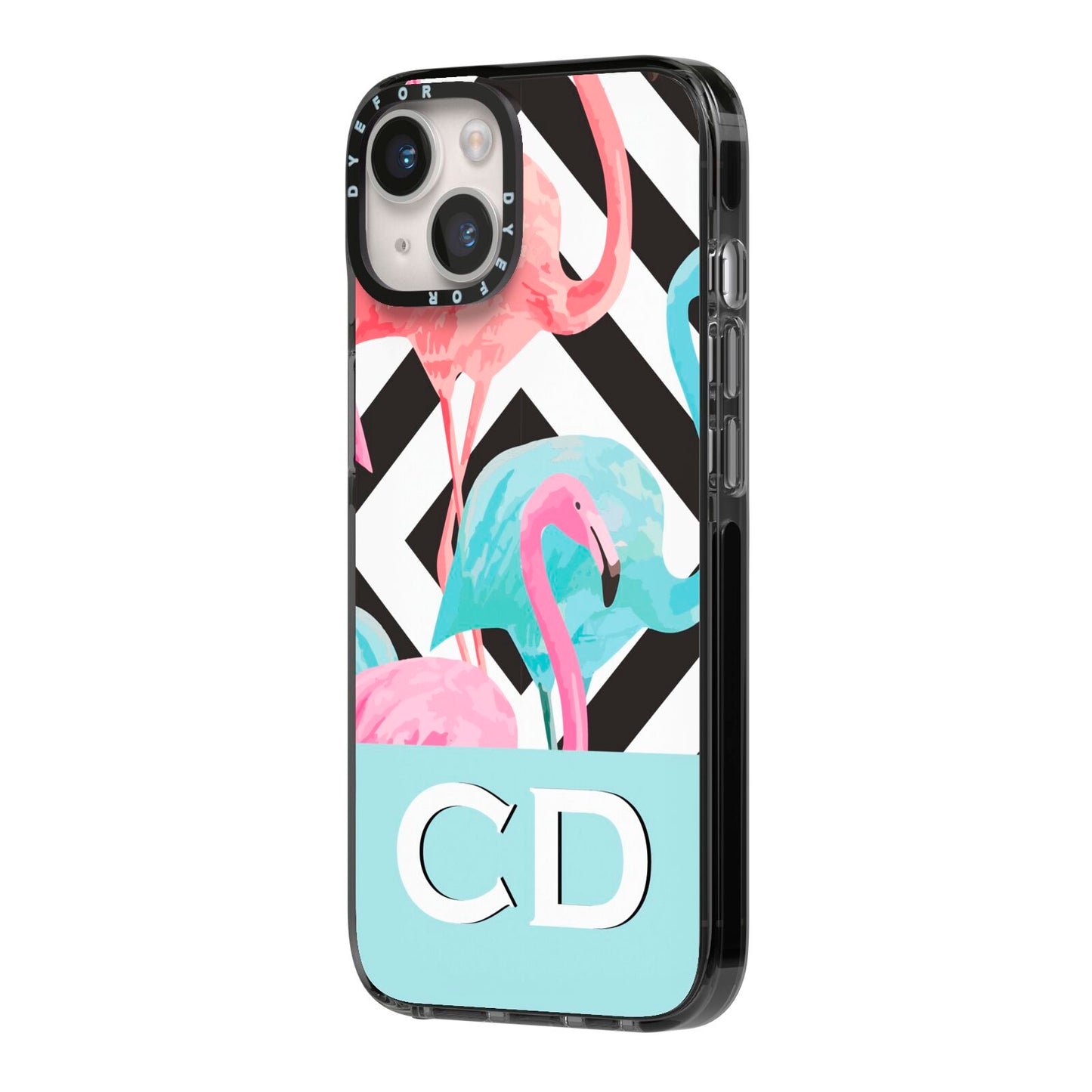 Blue Pink Flamingos iPhone 14 Black Impact Case Side Angle on Silver phone