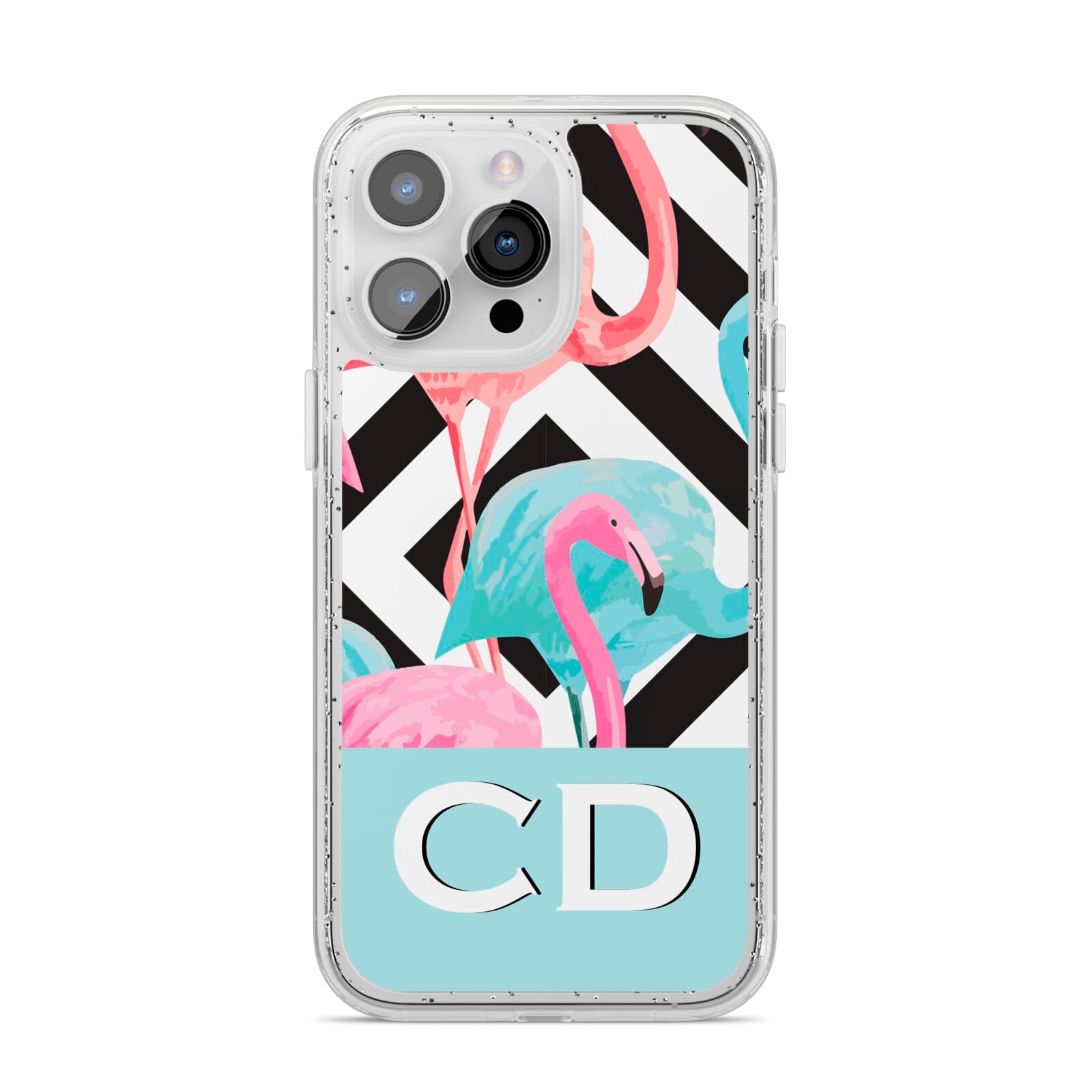 Blue Pink Flamingos iPhone 14 Pro Max Glitter Tough Case Silver