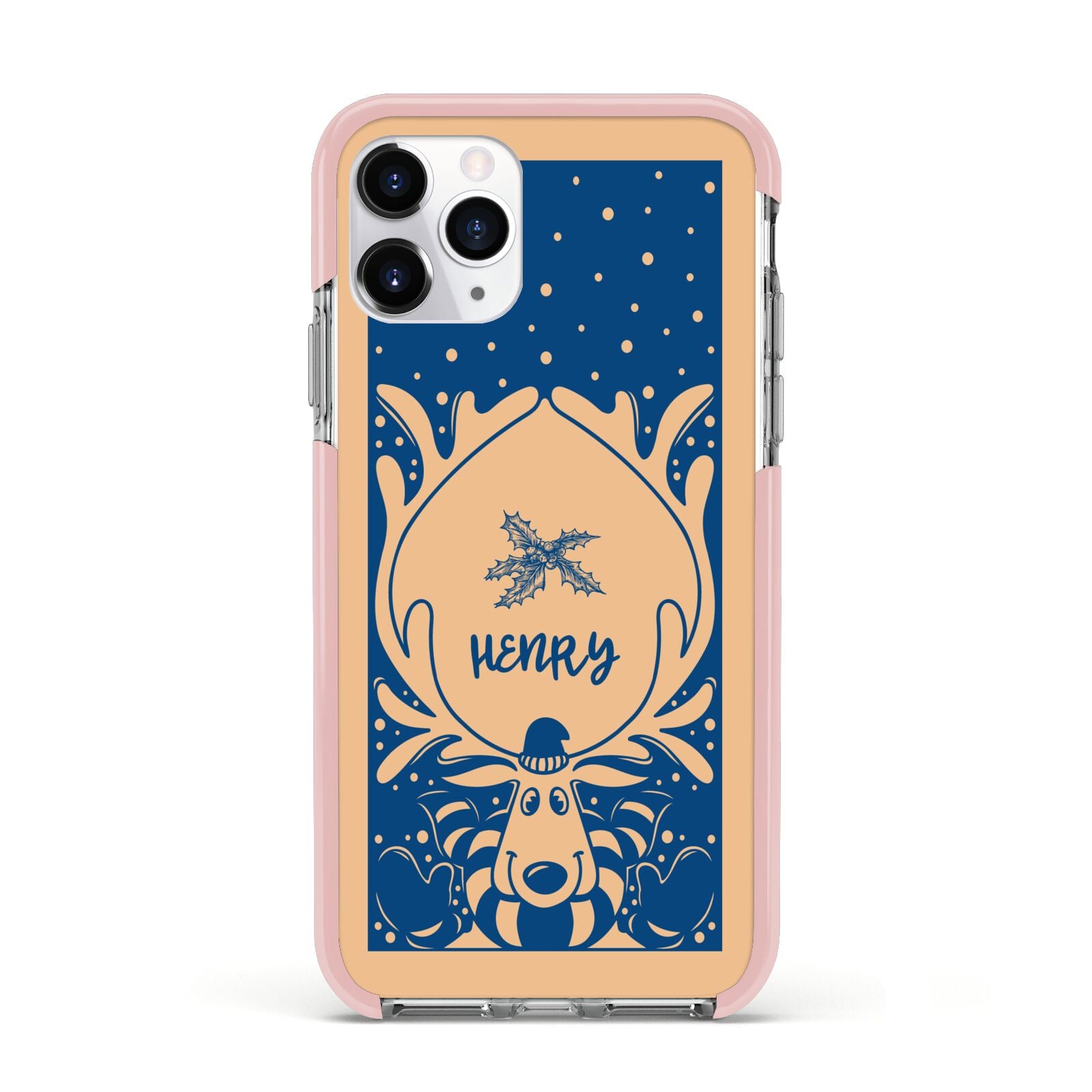 Blue Reindeer Personalised Apple iPhone 11 Pro in Silver with Pink Impact Case