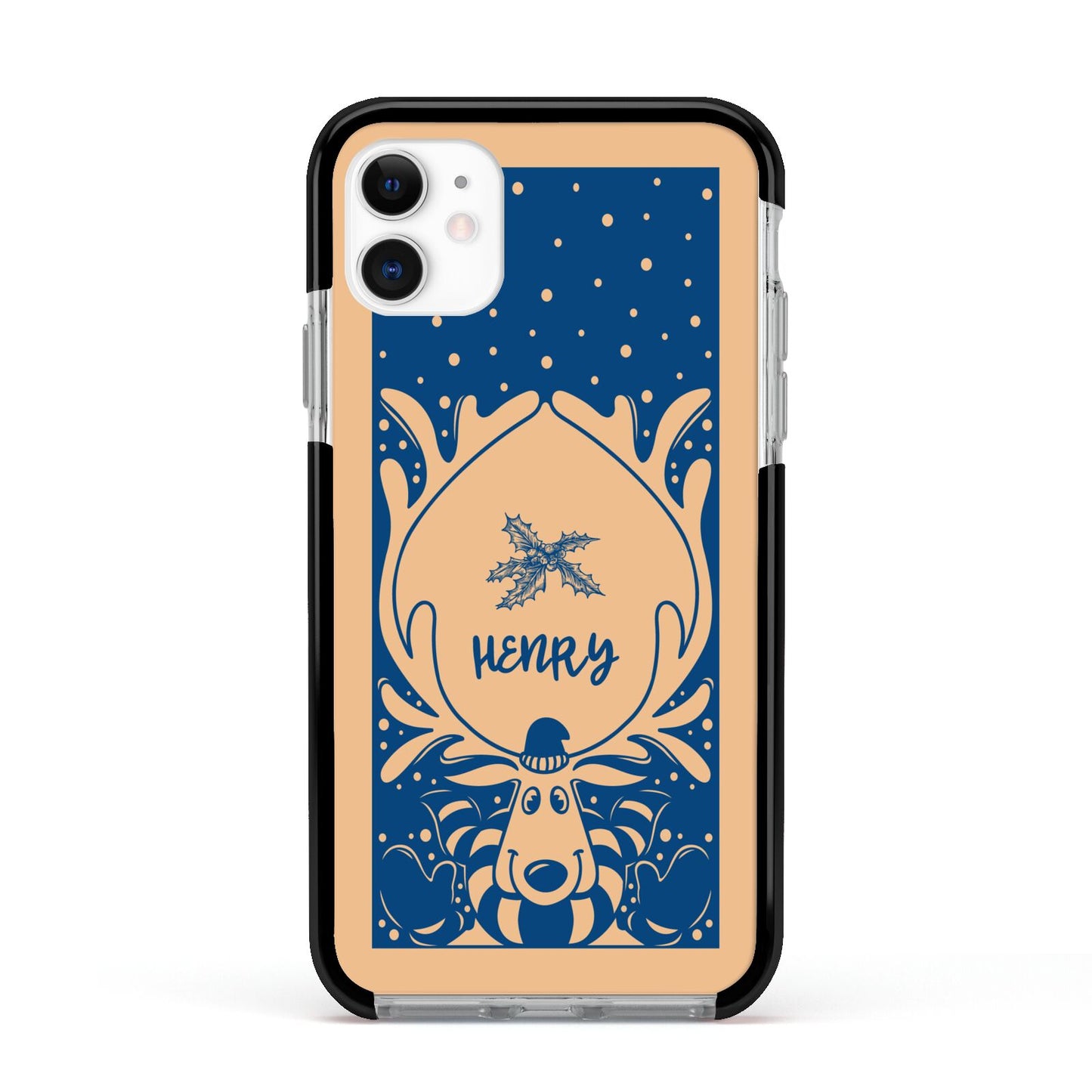 Blue Reindeer Personalised Apple iPhone 11 in White with Black Impact Case