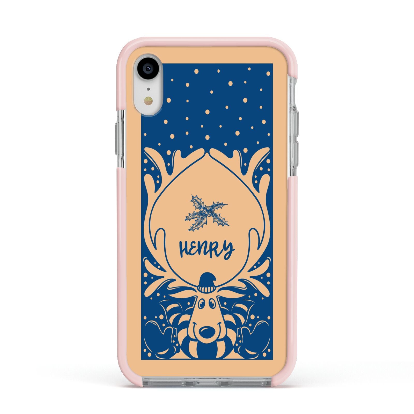 Blue Reindeer Personalised Apple iPhone XR Impact Case Pink Edge on Silver Phone