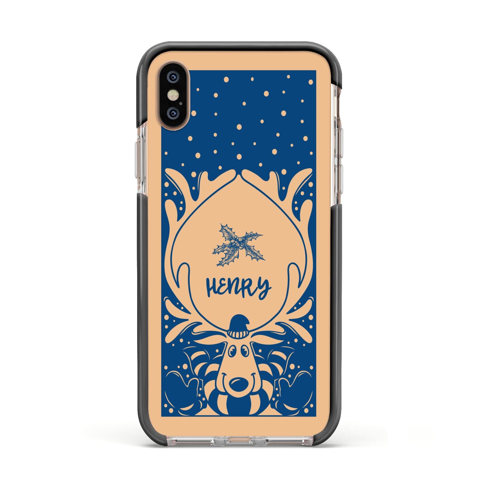 Blue Reindeer Personalised Apple iPhone Xs Impact Case Black Edge on Gold Phone