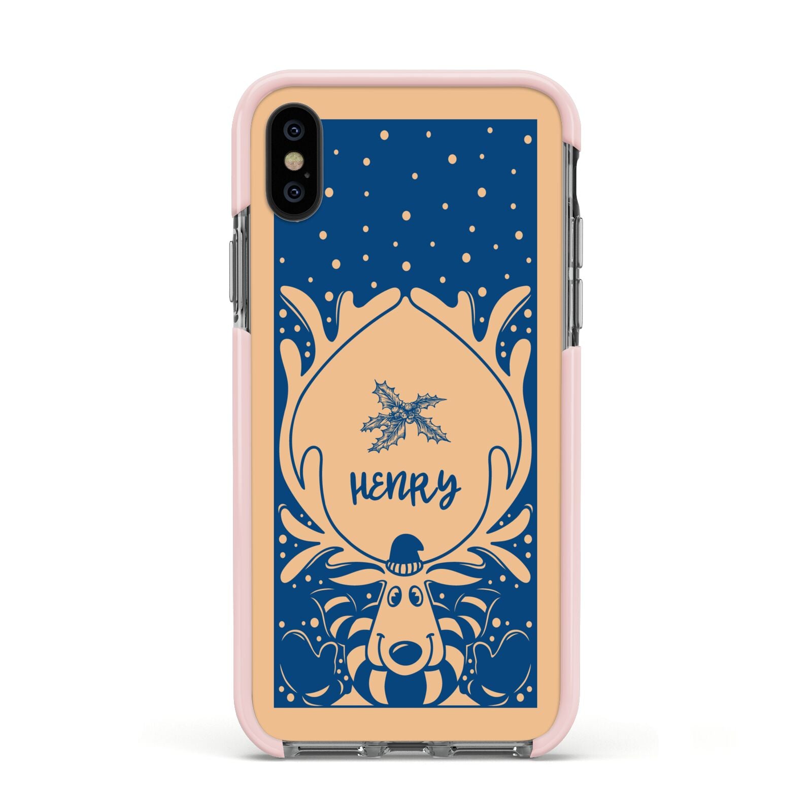 Blue Reindeer Personalised Apple iPhone Xs Impact Case Pink Edge on Black Phone