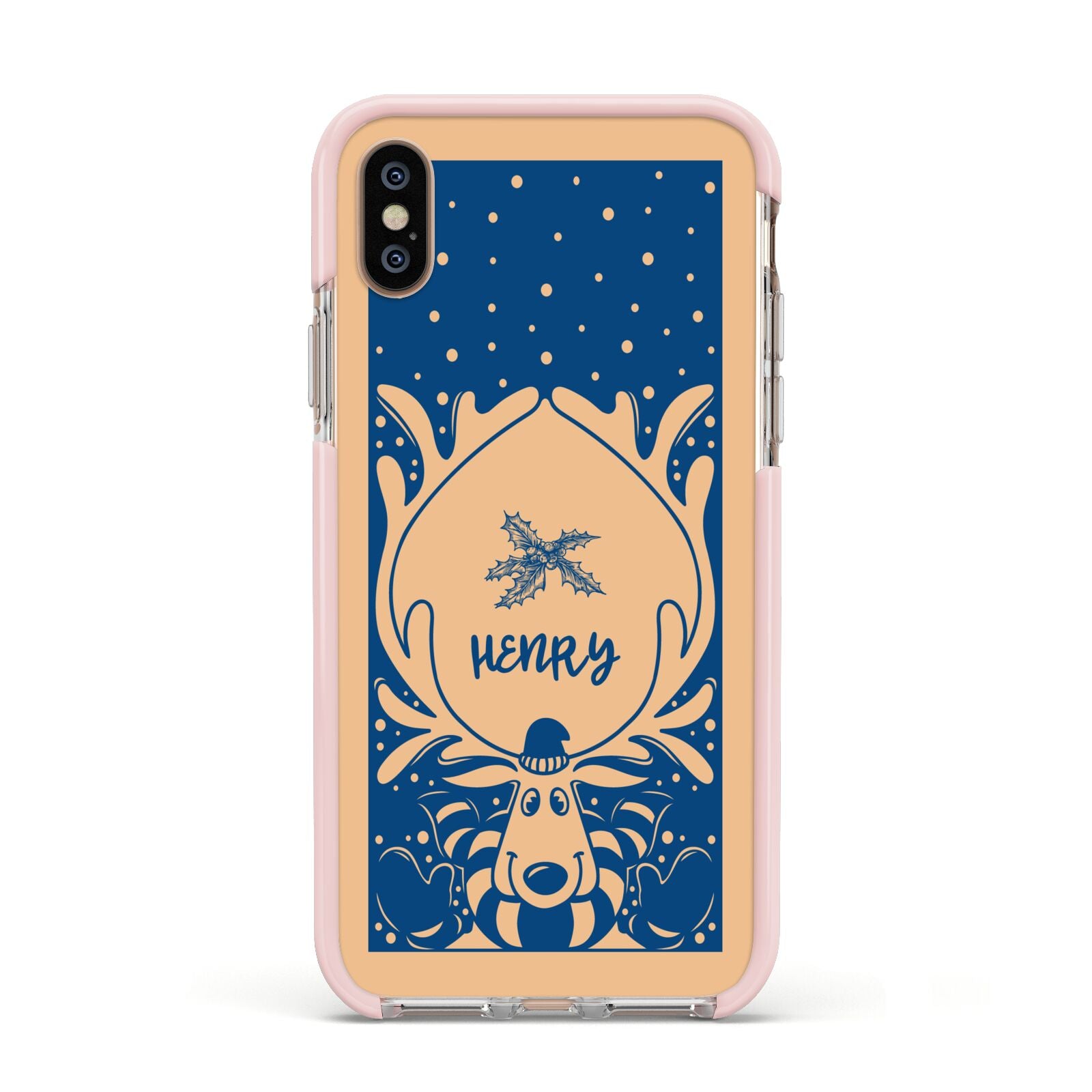 Blue Reindeer Personalised Apple iPhone Xs Impact Case Pink Edge on Gold Phone