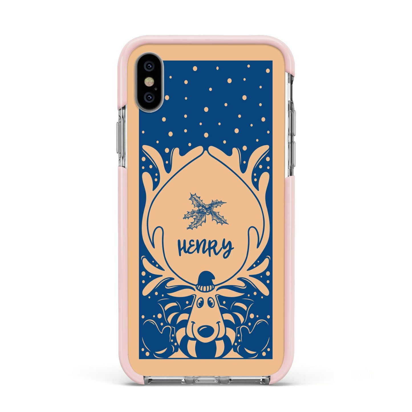 Blue Reindeer Personalised Apple iPhone Xs Impact Case Pink Edge on Silver Phone