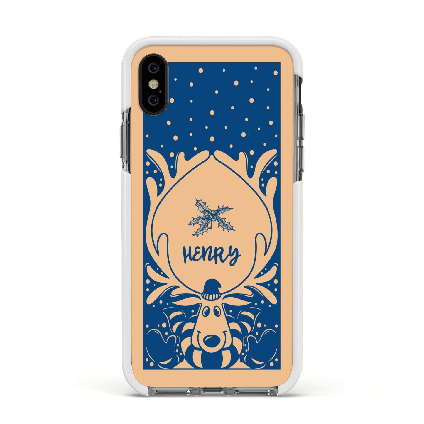 Blue Reindeer Personalised Apple iPhone Xs Impact Case White Edge on Black Phone