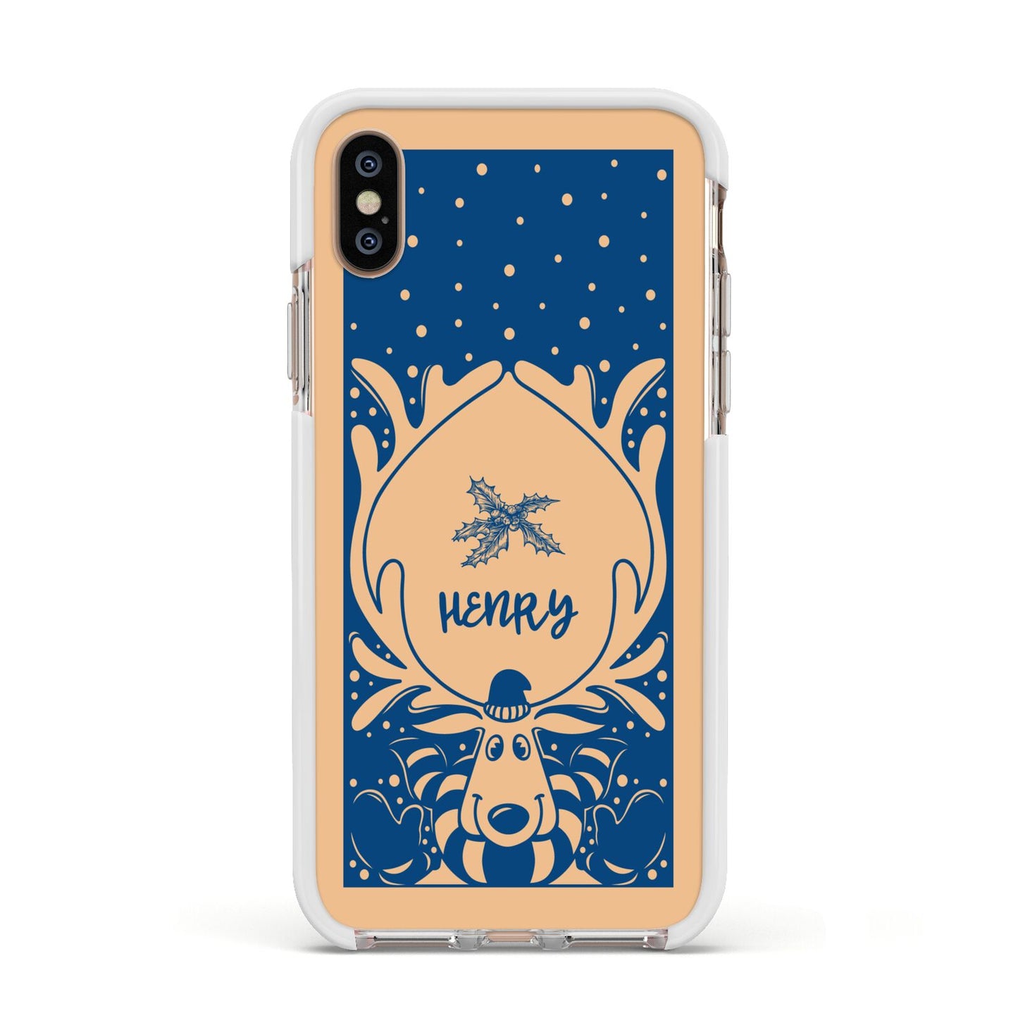 Blue Reindeer Personalised Apple iPhone Xs Impact Case White Edge on Gold Phone