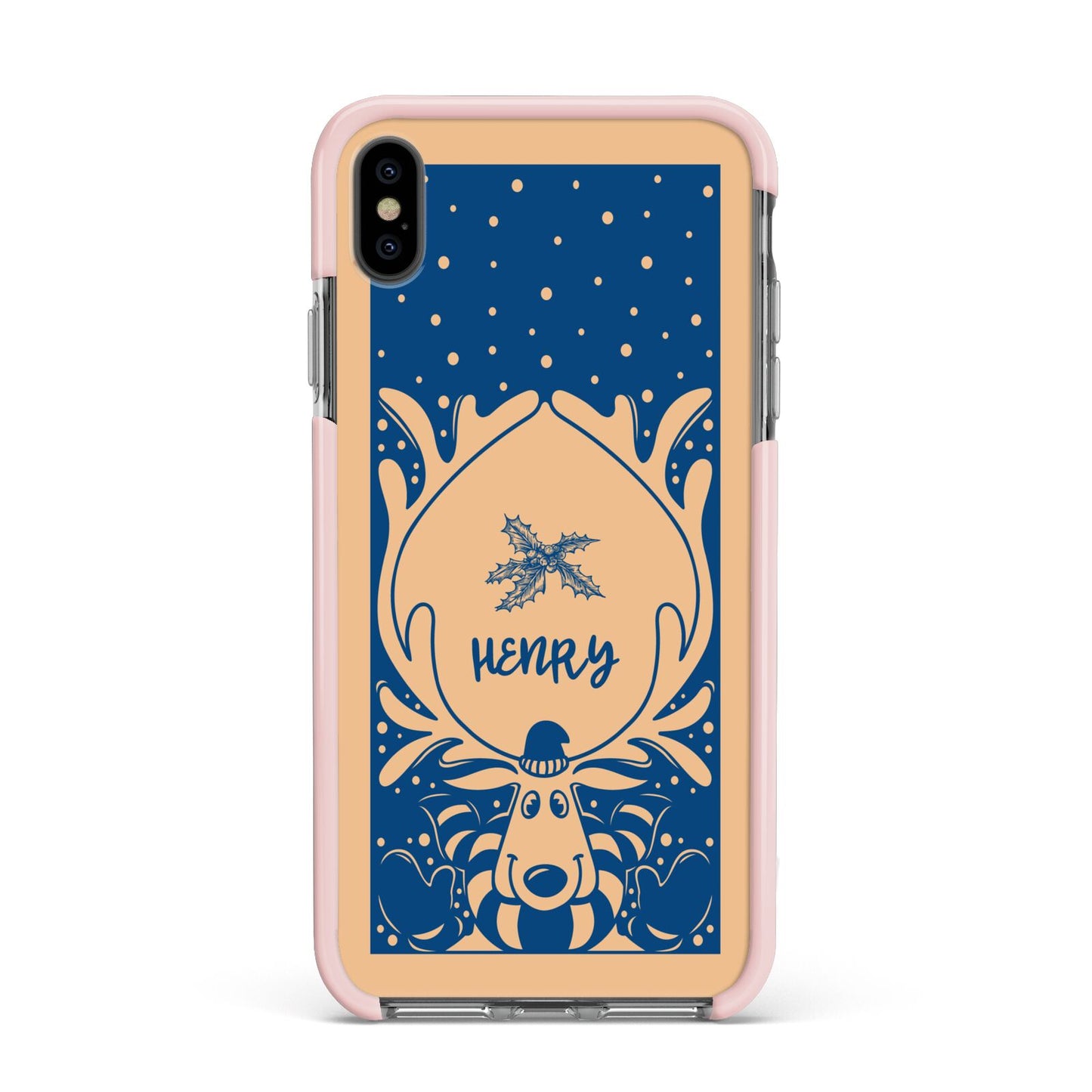 Blue Reindeer Personalised Apple iPhone Xs Max Impact Case Pink Edge on Black Phone