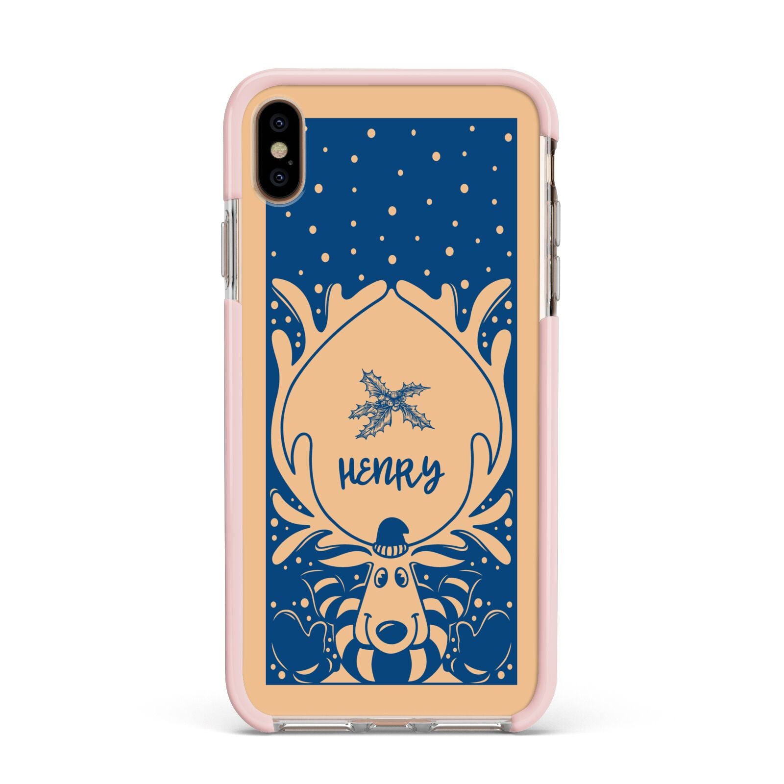 Blue Reindeer Personalised Apple iPhone Xs Max Impact Case Pink Edge on Gold Phone