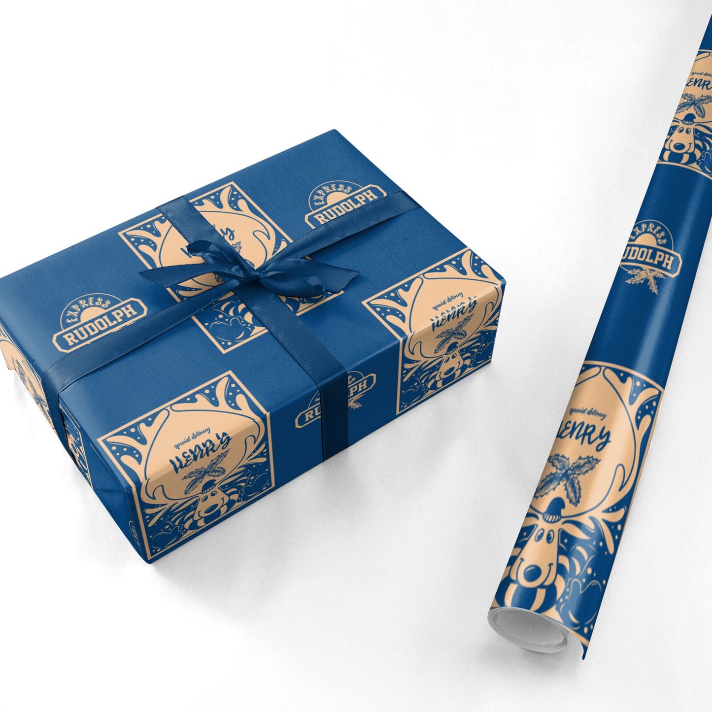 Blue Reindeer Personalised Personalised Wrapping Paper