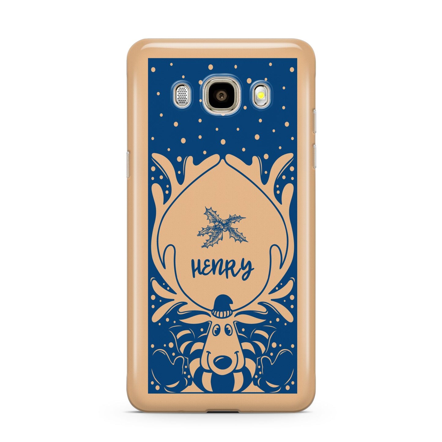 Blue Reindeer Personalised Samsung Galaxy J7 2016 Case on gold phone