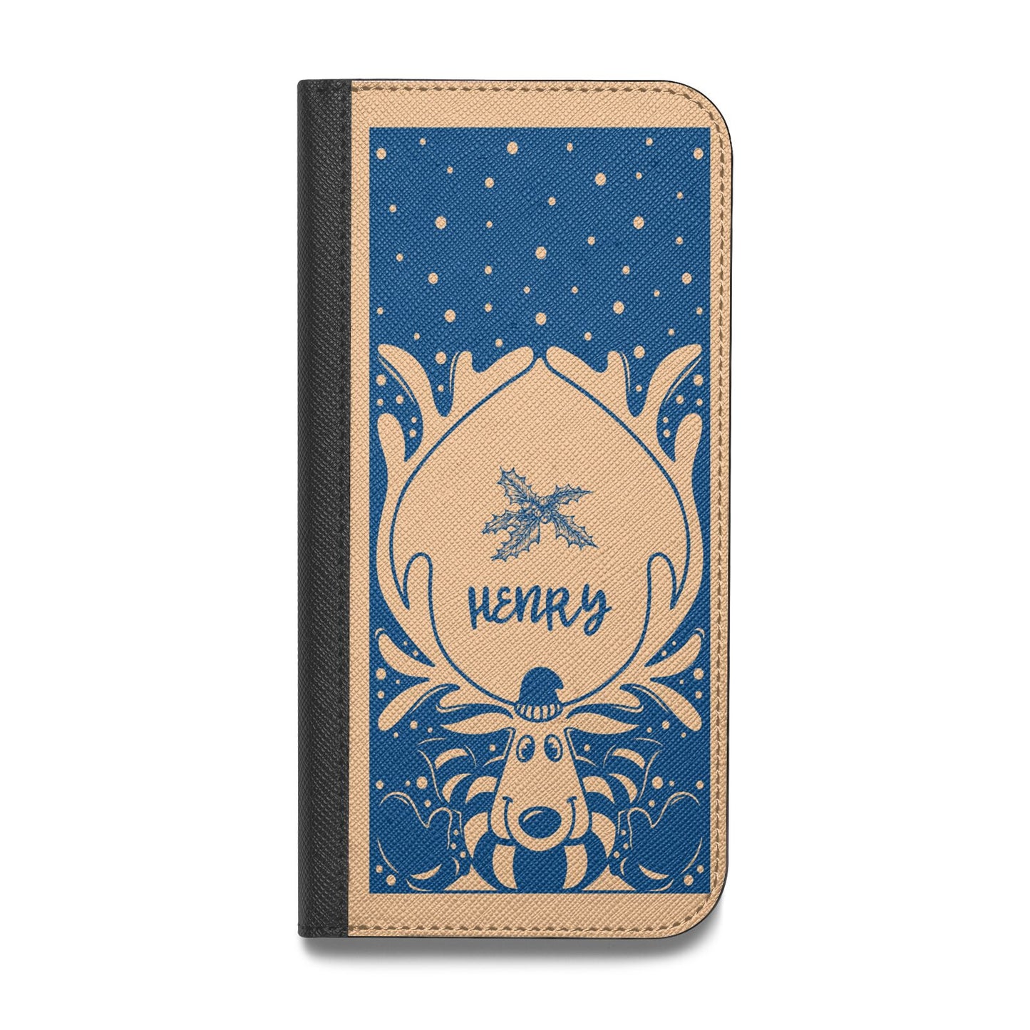 Blue Reindeer Personalised Vegan Leather Flip iPhone Case