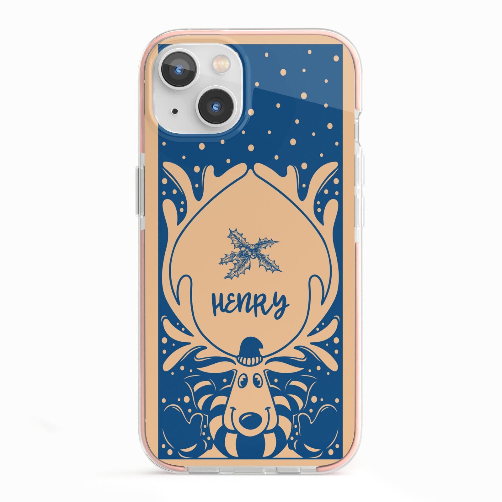 Blue Reindeer Personalised iPhone 13 TPU Impact Case with Pink Edges