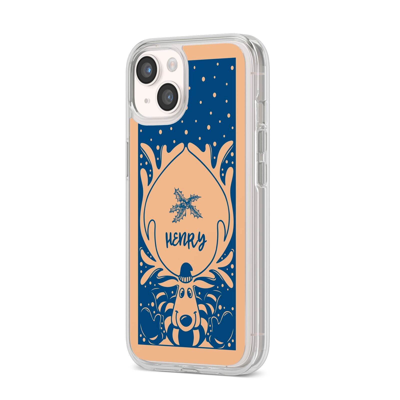 Blue Reindeer Personalised iPhone 14 Clear Tough Case Starlight Angled Image