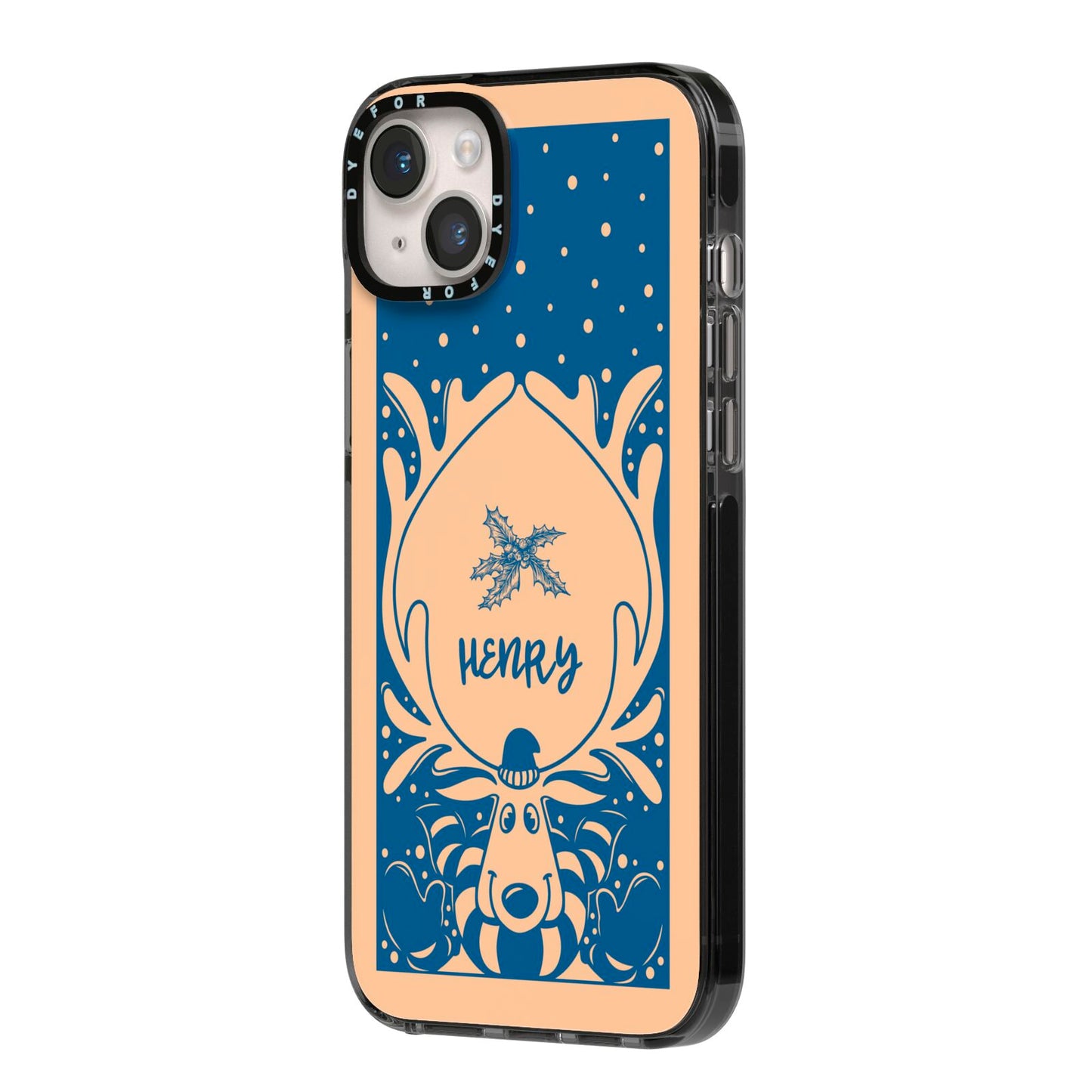 Blue Reindeer Personalised iPhone 14 Plus Black Impact Case Side Angle on Silver phone