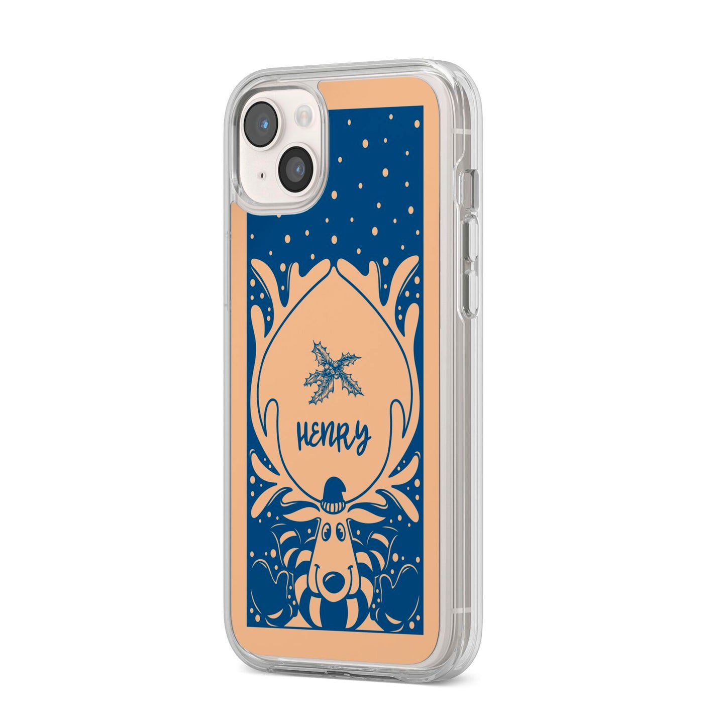 Blue Reindeer Personalised iPhone 14 Plus Clear Tough Case Starlight Angled Image