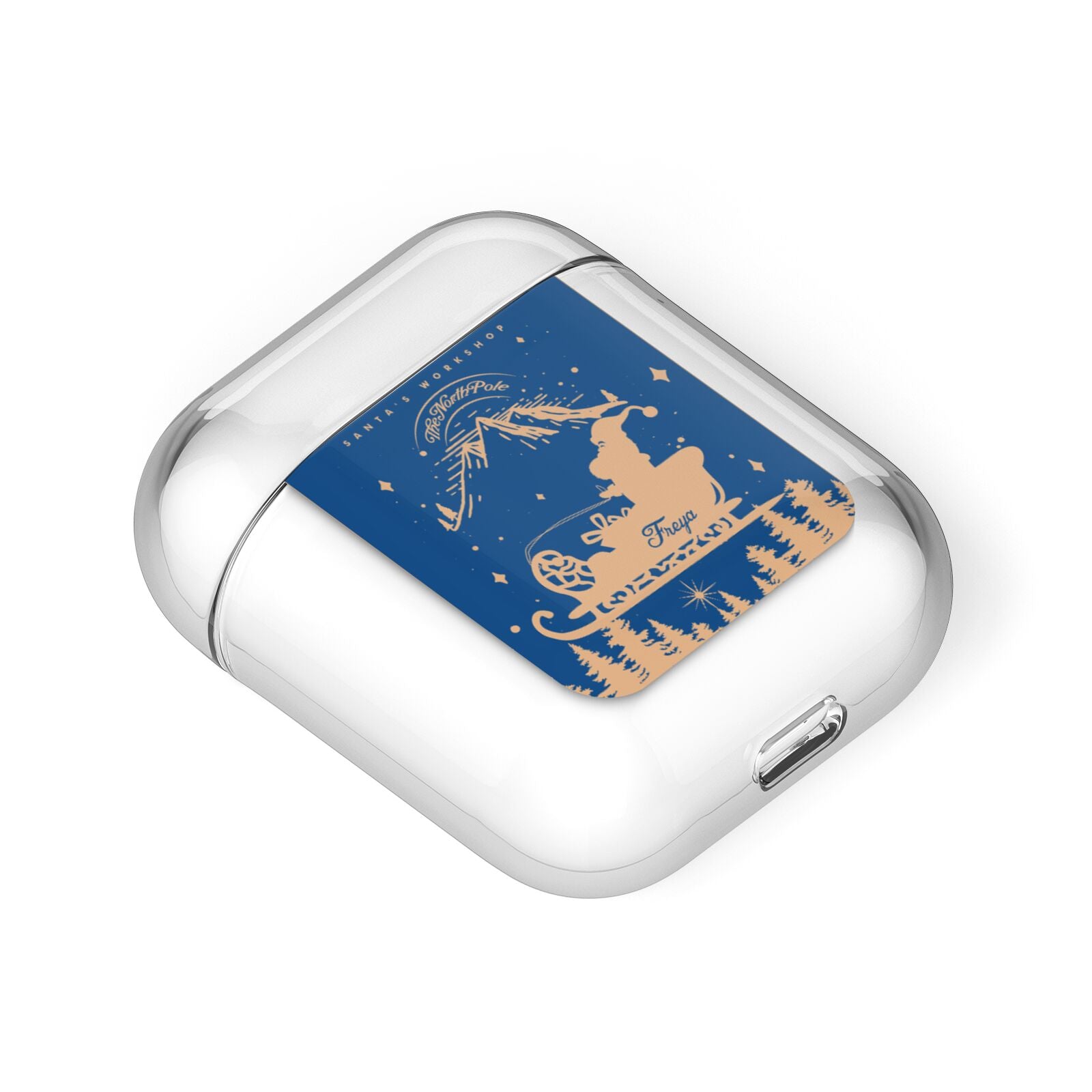 Blue Santas Sleigh Personalised AirPods Case Laid Flat