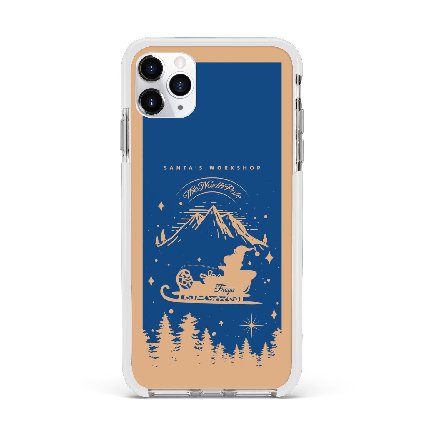 Blue Santas Sleigh Personalised Apple iPhone 11 Pro Max in Silver with White Impact Case