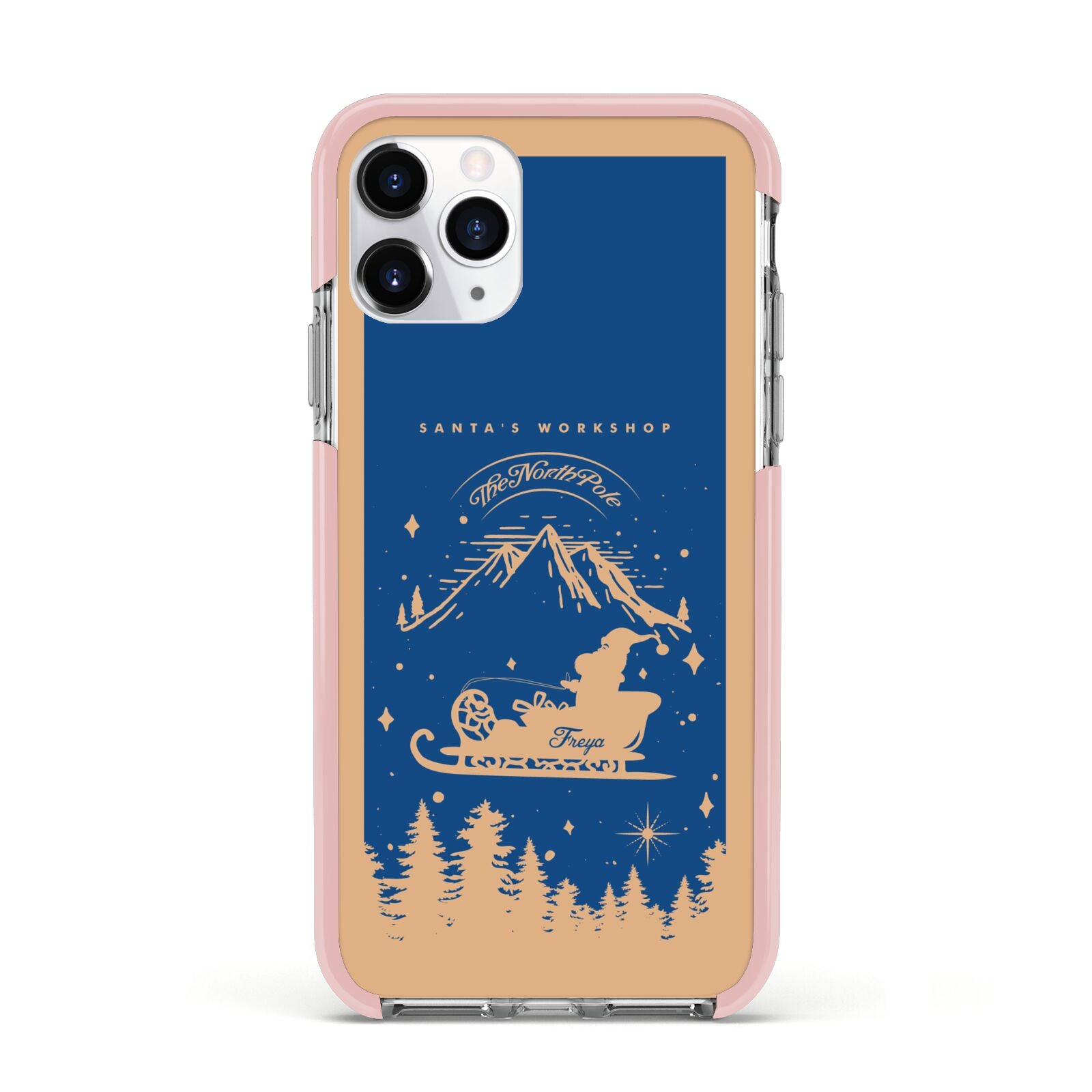 Blue Santas Sleigh Personalised Apple iPhone 11 Pro in Silver with Pink Impact Case