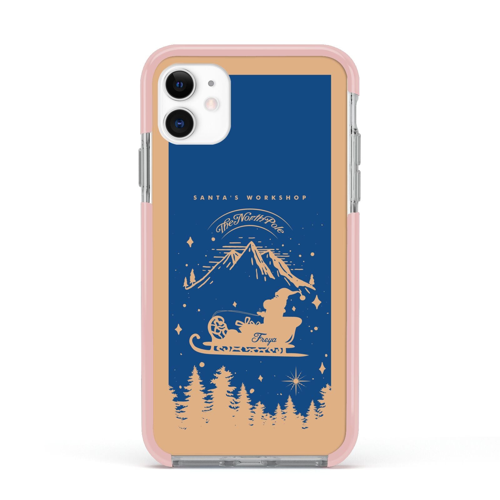 Blue Santas Sleigh Personalised Apple iPhone 11 in White with Pink Impact Case