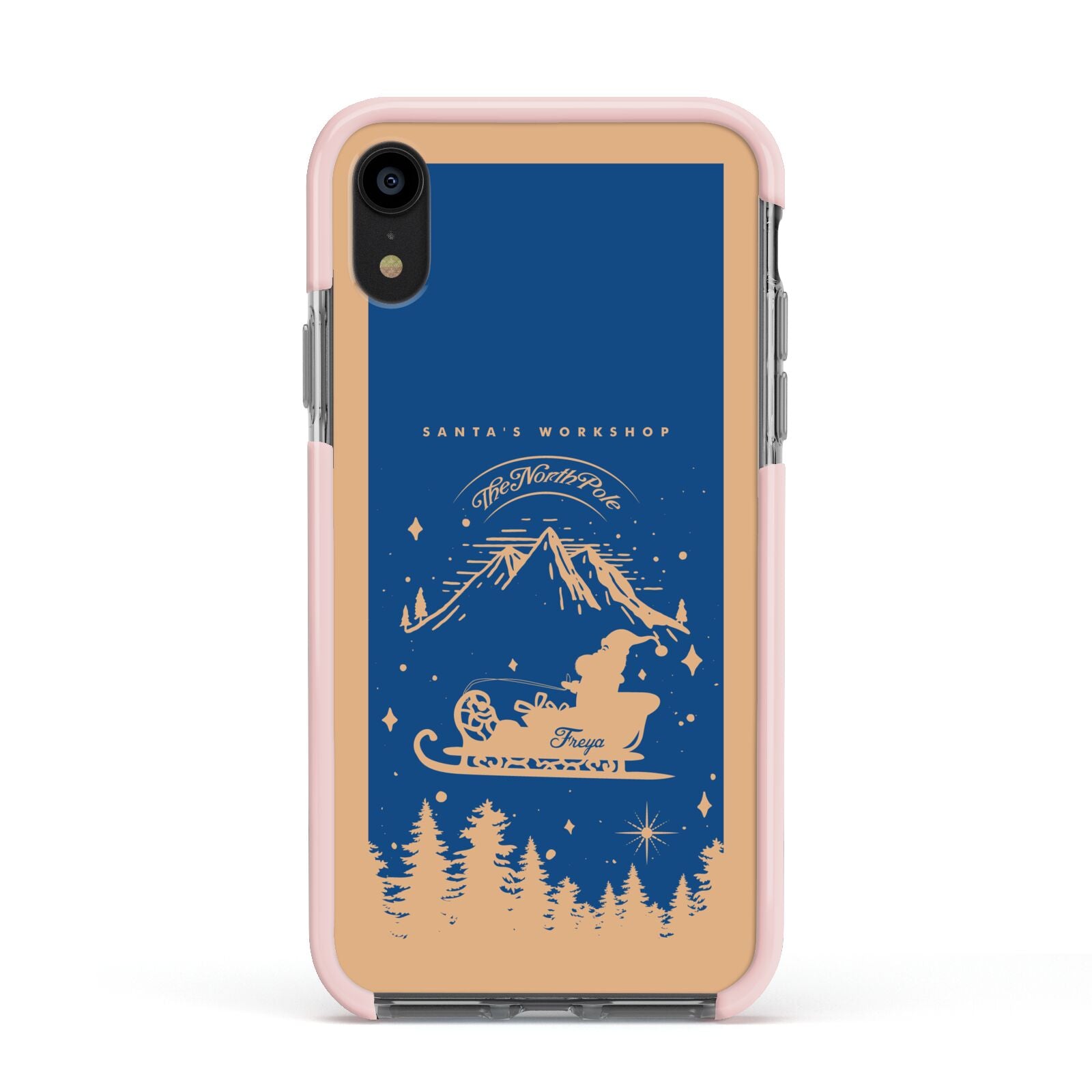 Blue Santas Sleigh Personalised Apple iPhone XR Impact Case Pink Edge on Black Phone