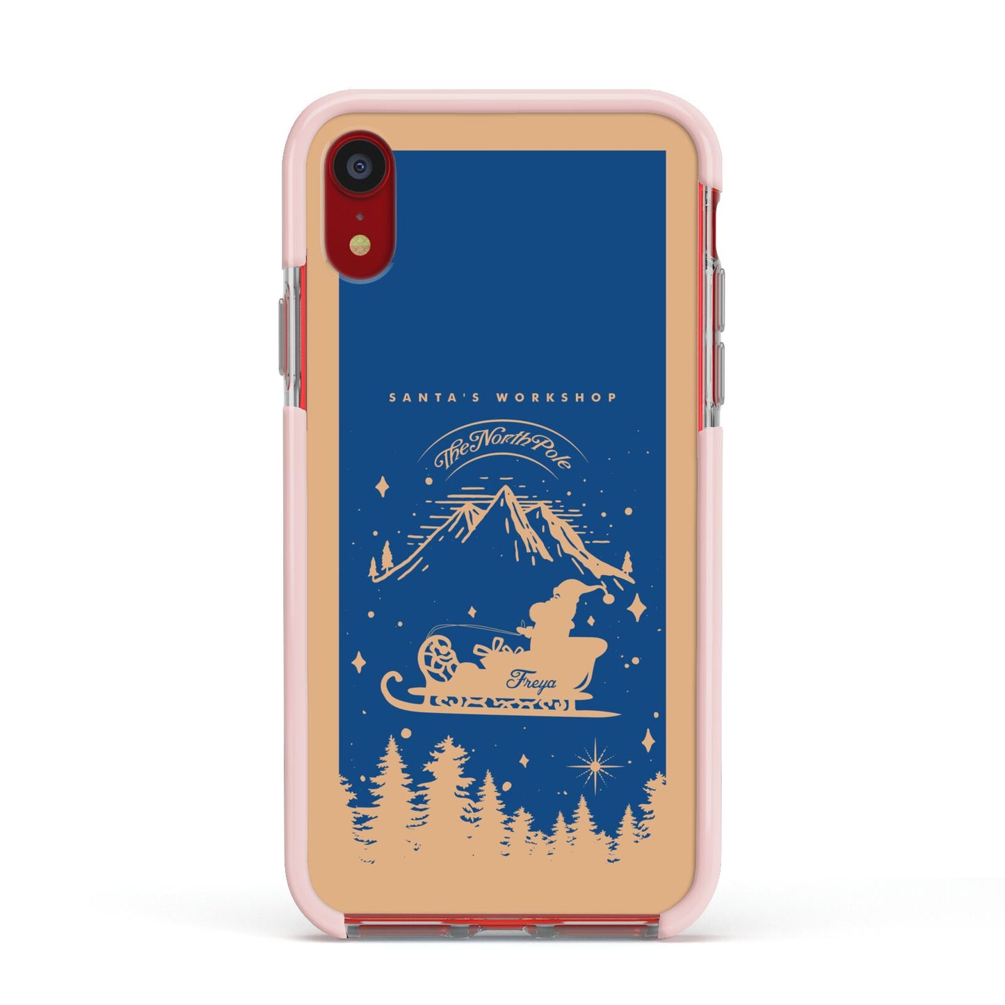 Blue Santas Sleigh Personalised Apple iPhone XR Impact Case Pink Edge on Red Phone