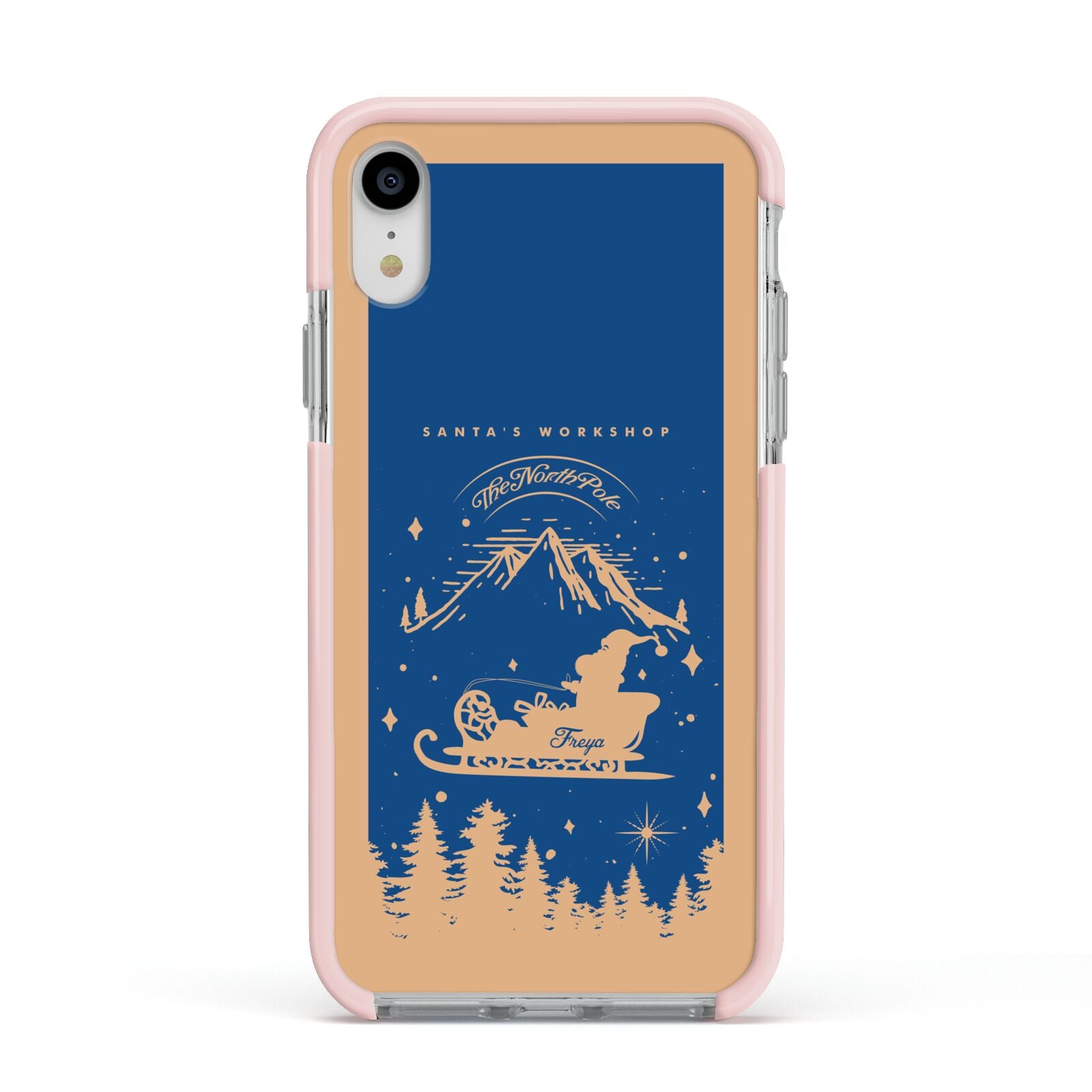 Blue Santas Sleigh Personalised Apple iPhone XR Impact Case Pink Edge on Silver Phone