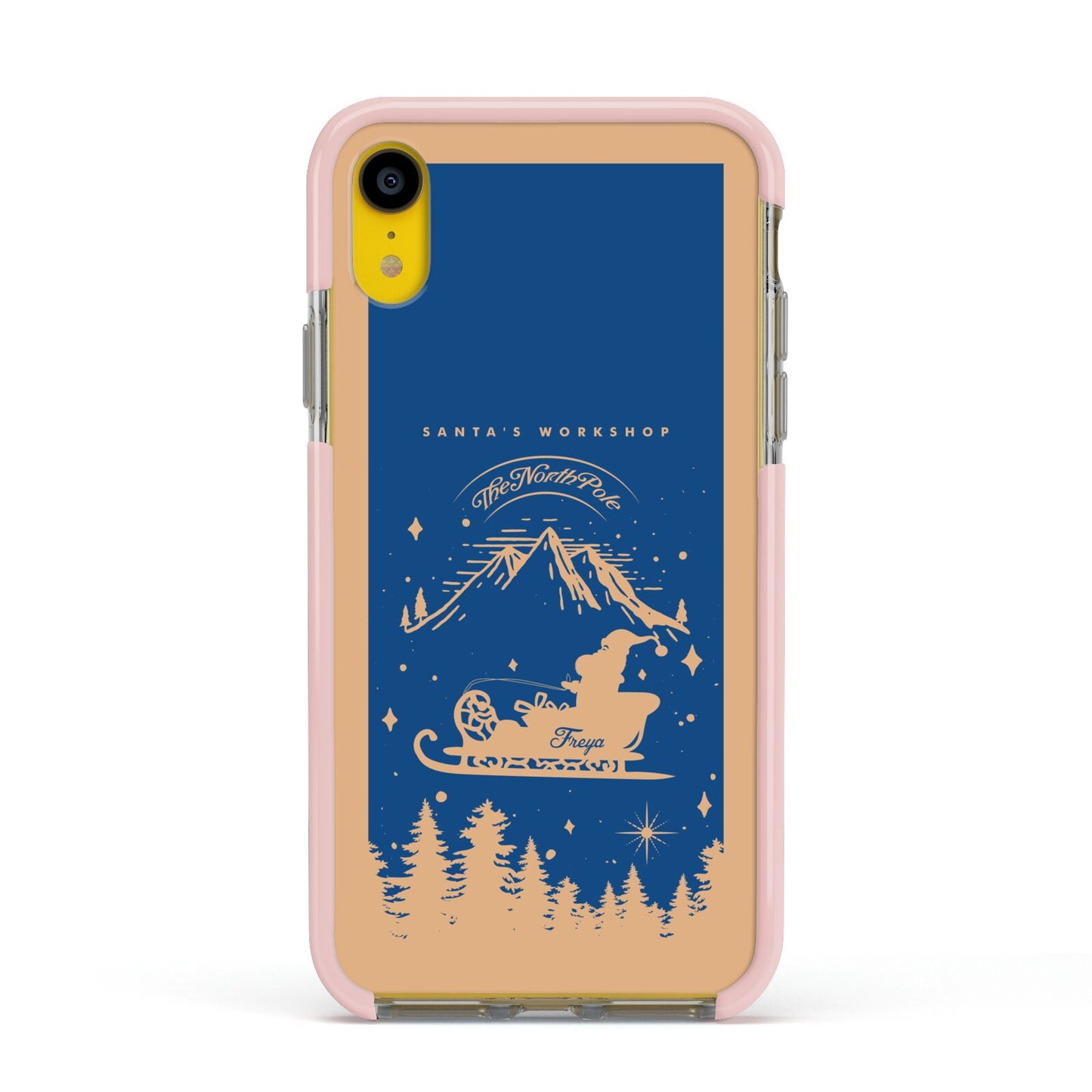 Blue Santas Sleigh Personalised Apple iPhone XR Impact Case Pink Edge on Yellow Phone