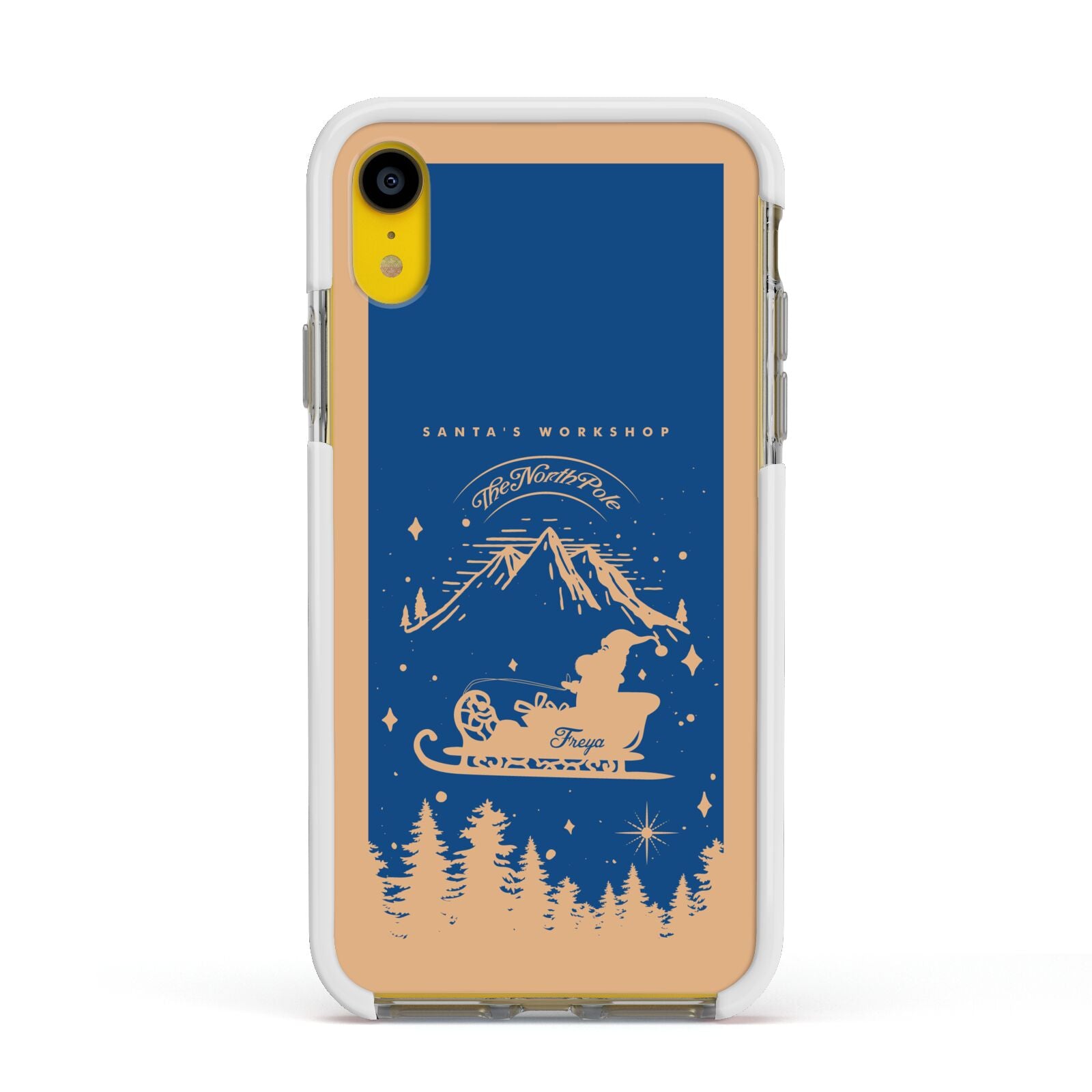 Blue Santas Sleigh Personalised Apple iPhone XR Impact Case White Edge on Yellow Phone