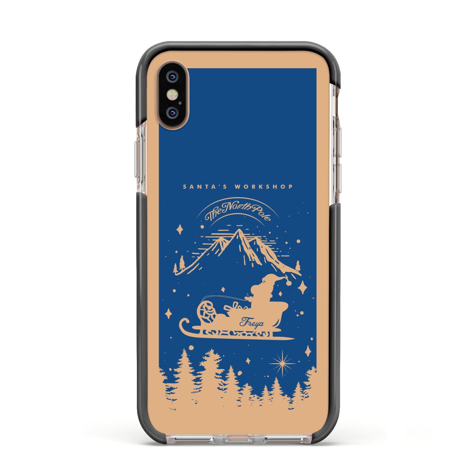 Blue Santas Sleigh Personalised Apple iPhone Xs Impact Case Black Edge on Gold Phone