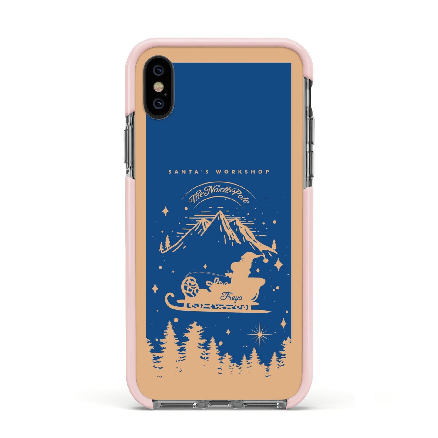 Blue Santas Sleigh Personalised Apple iPhone Xs Impact Case Pink Edge on Black Phone