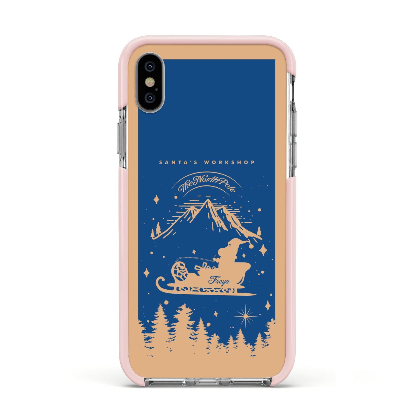 Blue Santas Sleigh Personalised Apple iPhone Xs Impact Case Pink Edge on Silver Phone