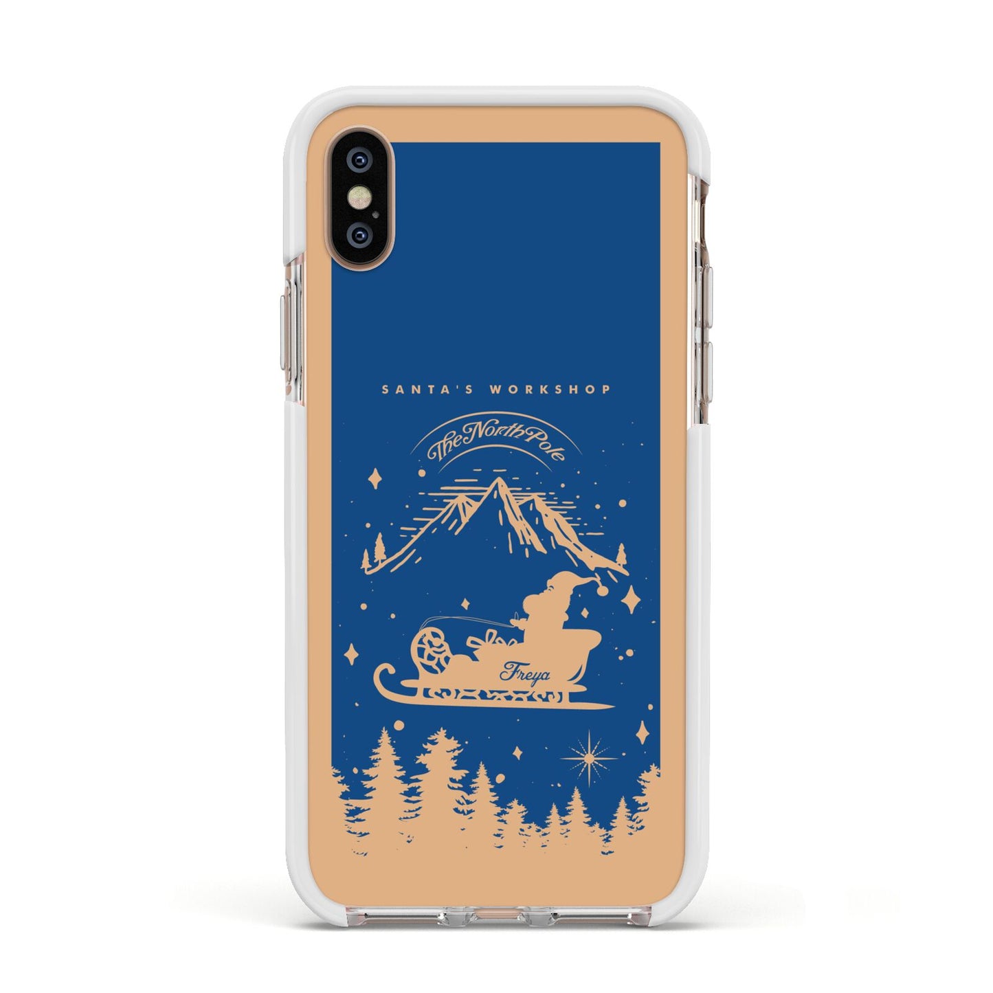 Blue Santas Sleigh Personalised Apple iPhone Xs Impact Case White Edge on Gold Phone