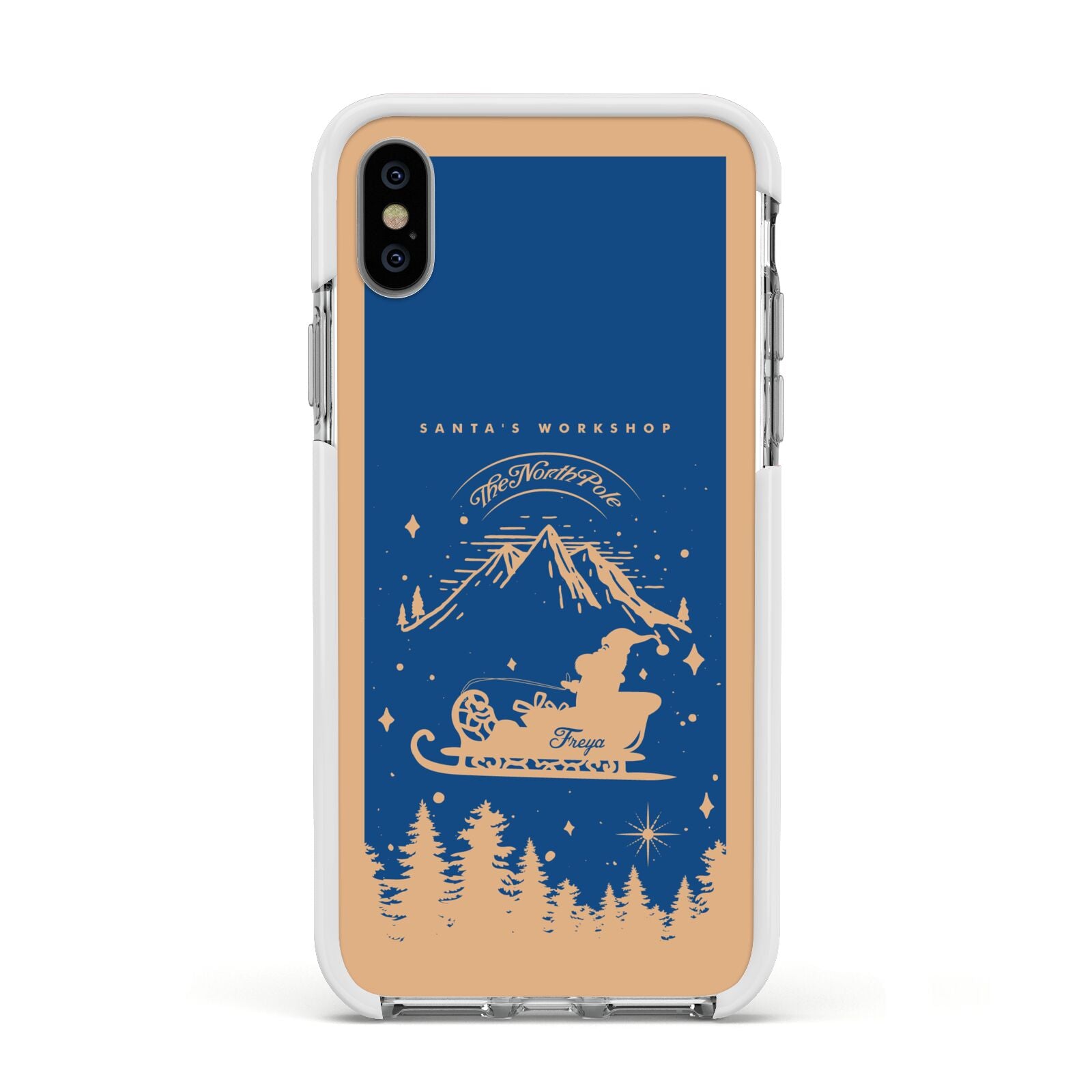 Blue Santas Sleigh Personalised Apple iPhone Xs Impact Case White Edge on Silver Phone