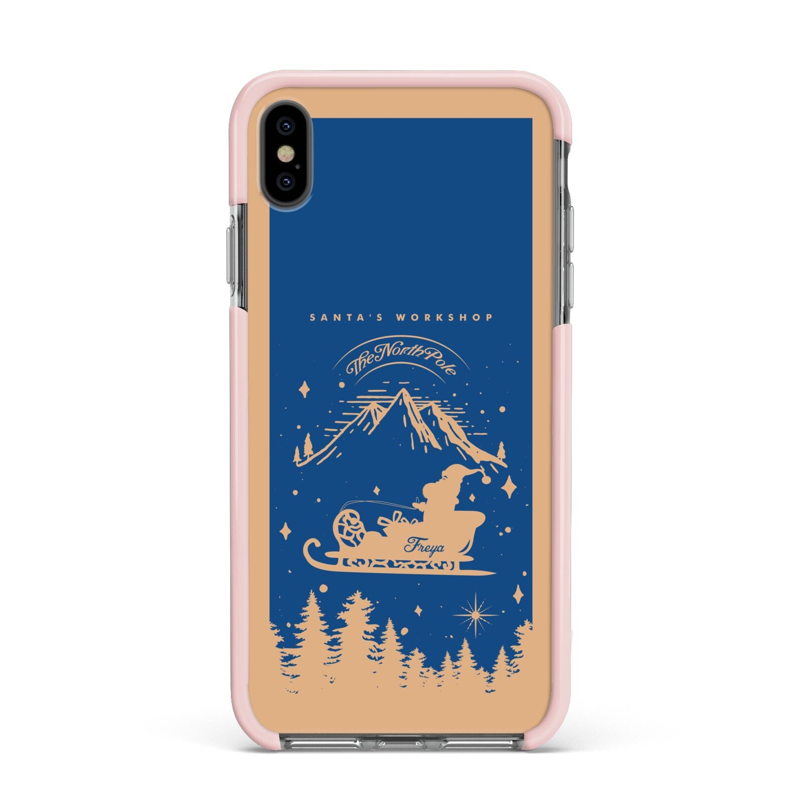 Blue Santas Sleigh Personalised Apple iPhone Xs Max Impact Case Pink Edge on Black Phone