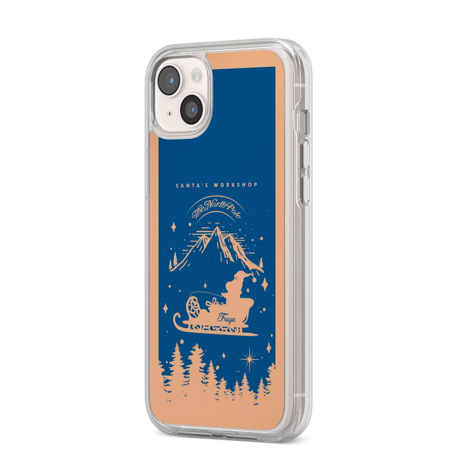 Blue Santas Sleigh Personalised iPhone 14 Plus Clear Tough Case Starlight Angled Image