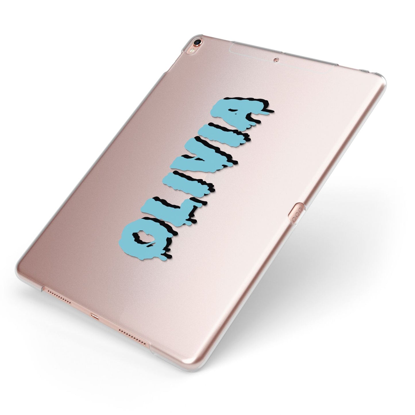 Blue Slime Text Apple iPad Case on Rose Gold iPad Side View