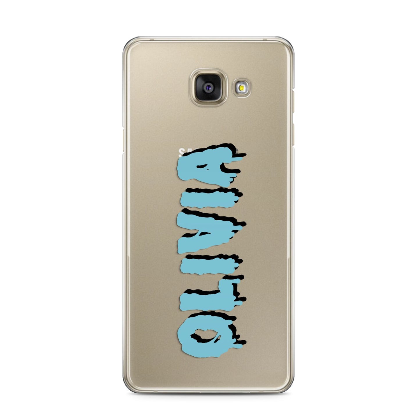 Blue Slime Text Samsung Galaxy A3 2016 Case on gold phone