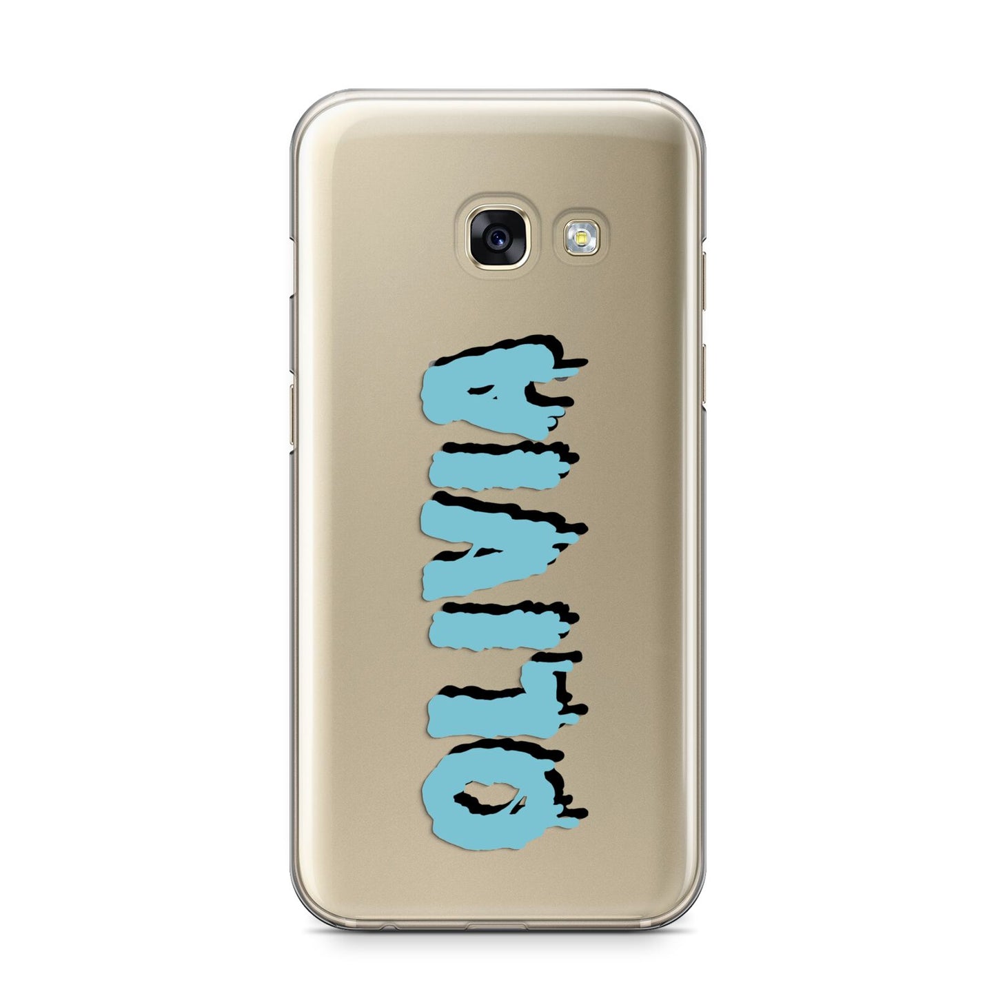 Blue Slime Text Samsung Galaxy A3 2017 Case on gold phone