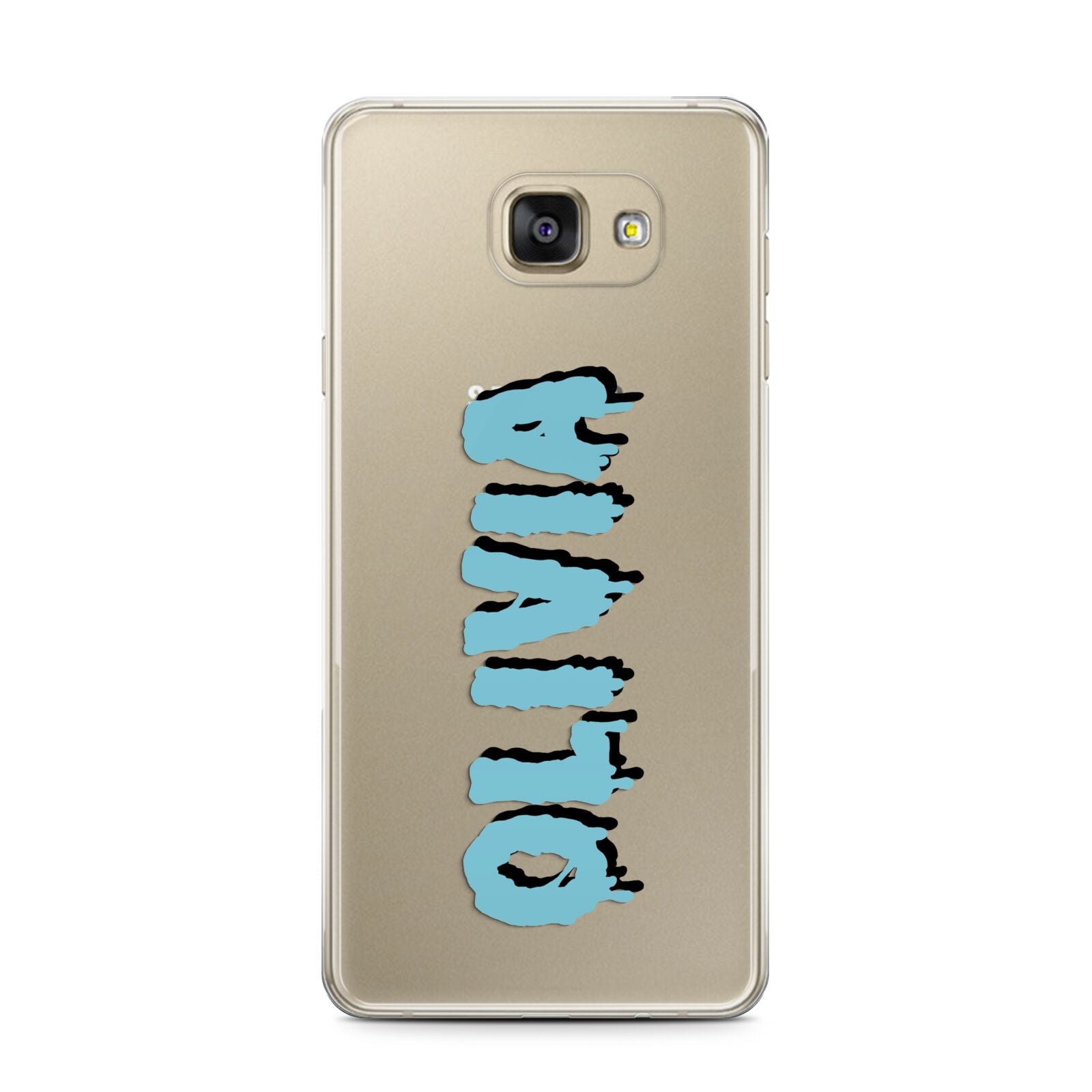 Blue Slime Text Samsung Galaxy A7 2016 Case on gold phone