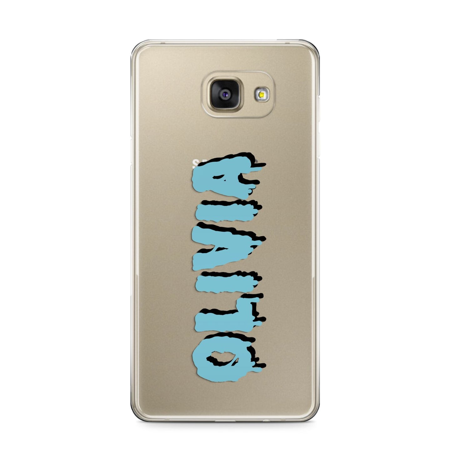 Blue Slime Text Samsung Galaxy A9 2016 Case on gold phone