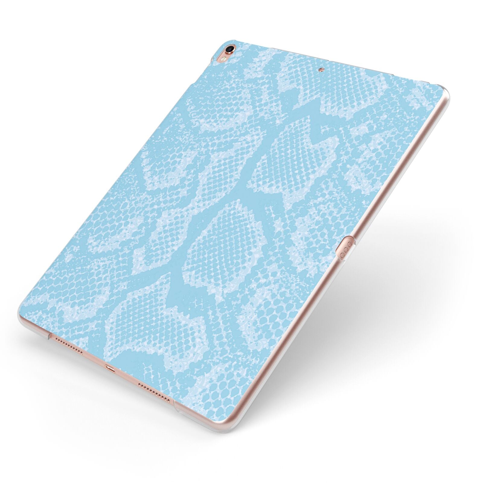 Blue Snakeskin Apple iPad Case on Rose Gold iPad Side View