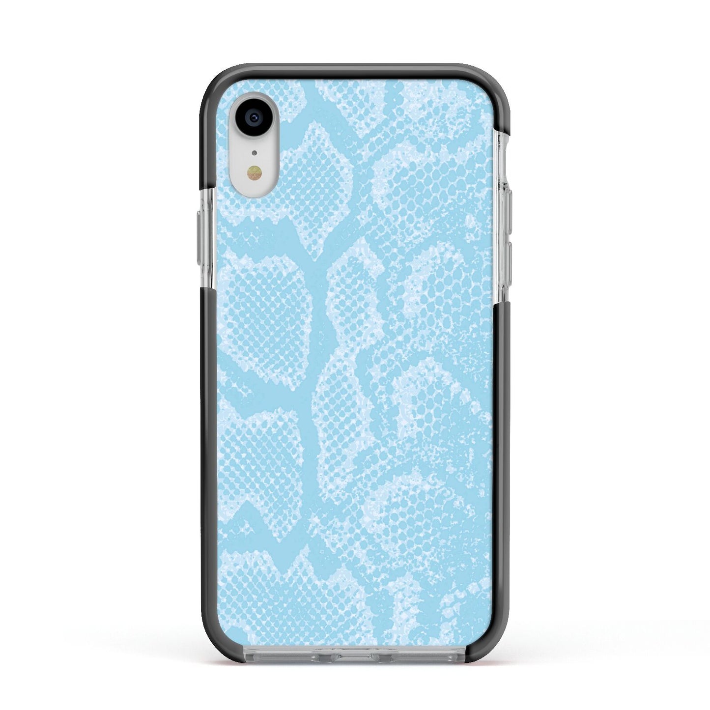 Blue Snakeskin Apple iPhone XR Impact Case Black Edge on Silver Phone