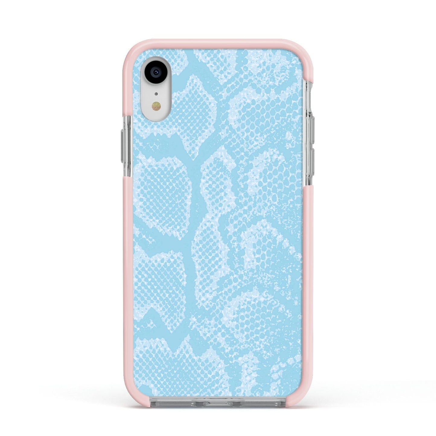 Blue Snakeskin Apple iPhone XR Impact Case Pink Edge on Silver Phone