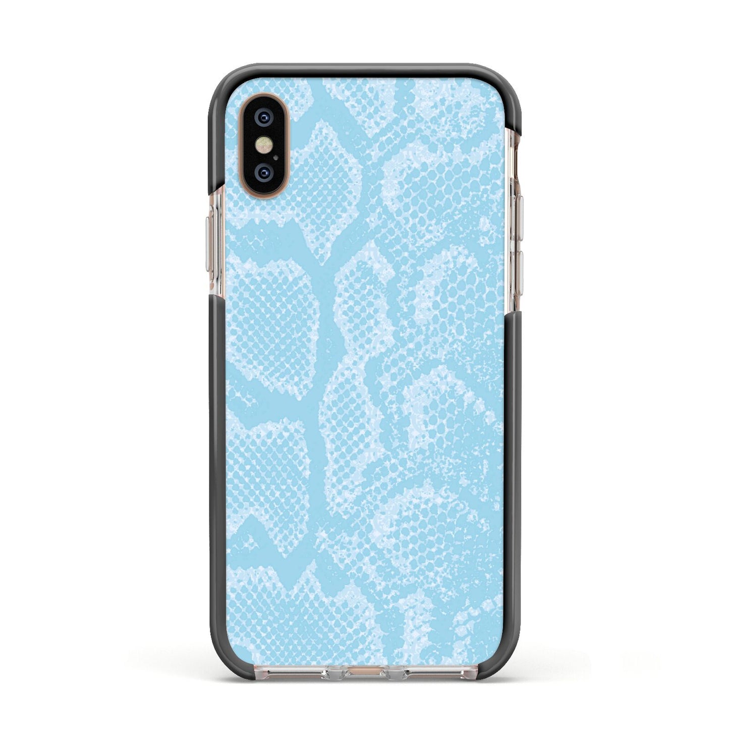 Blue Snakeskin Apple iPhone Xs Impact Case Black Edge on Gold Phone